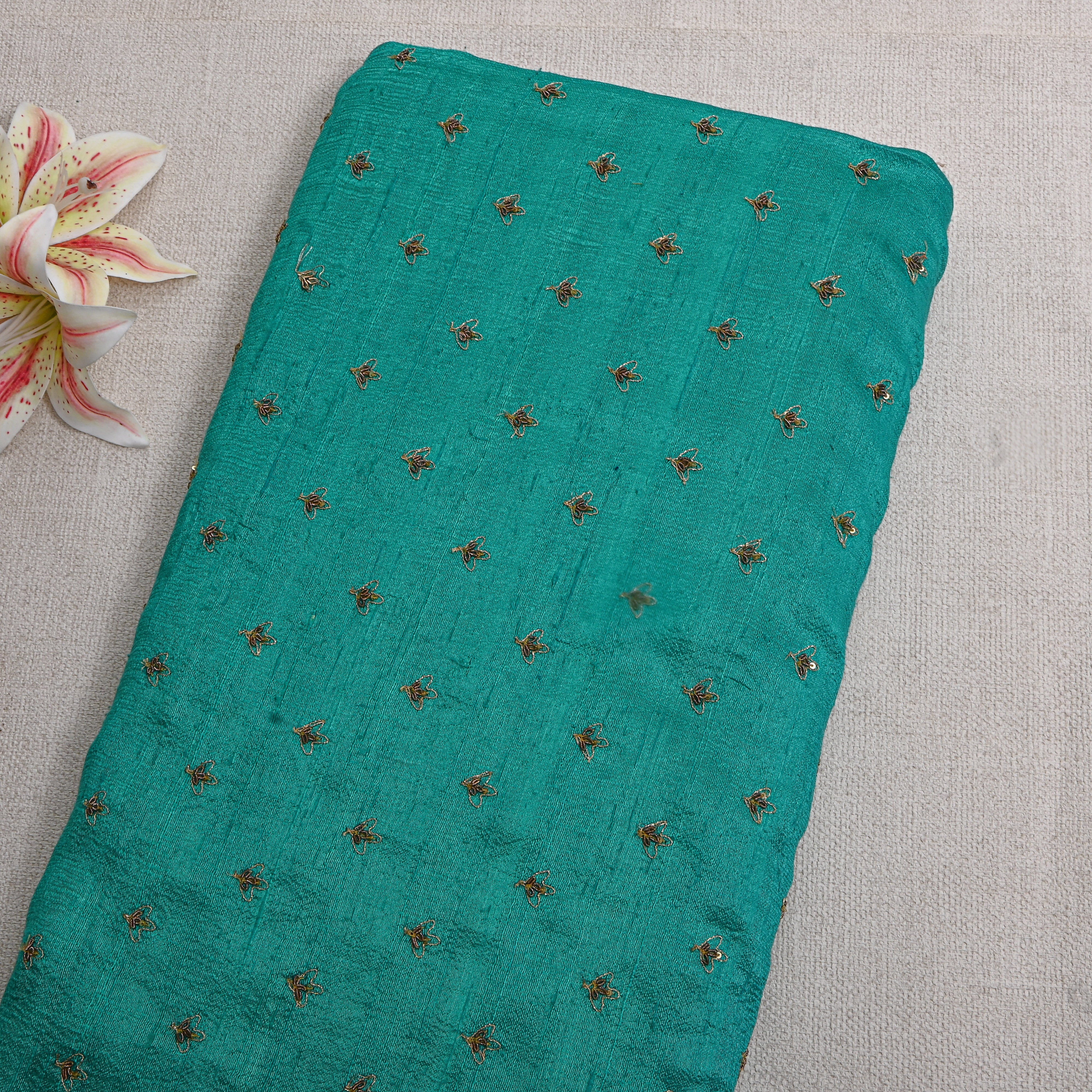 Green With Gold Zari Butti Embroidery Raw Silk