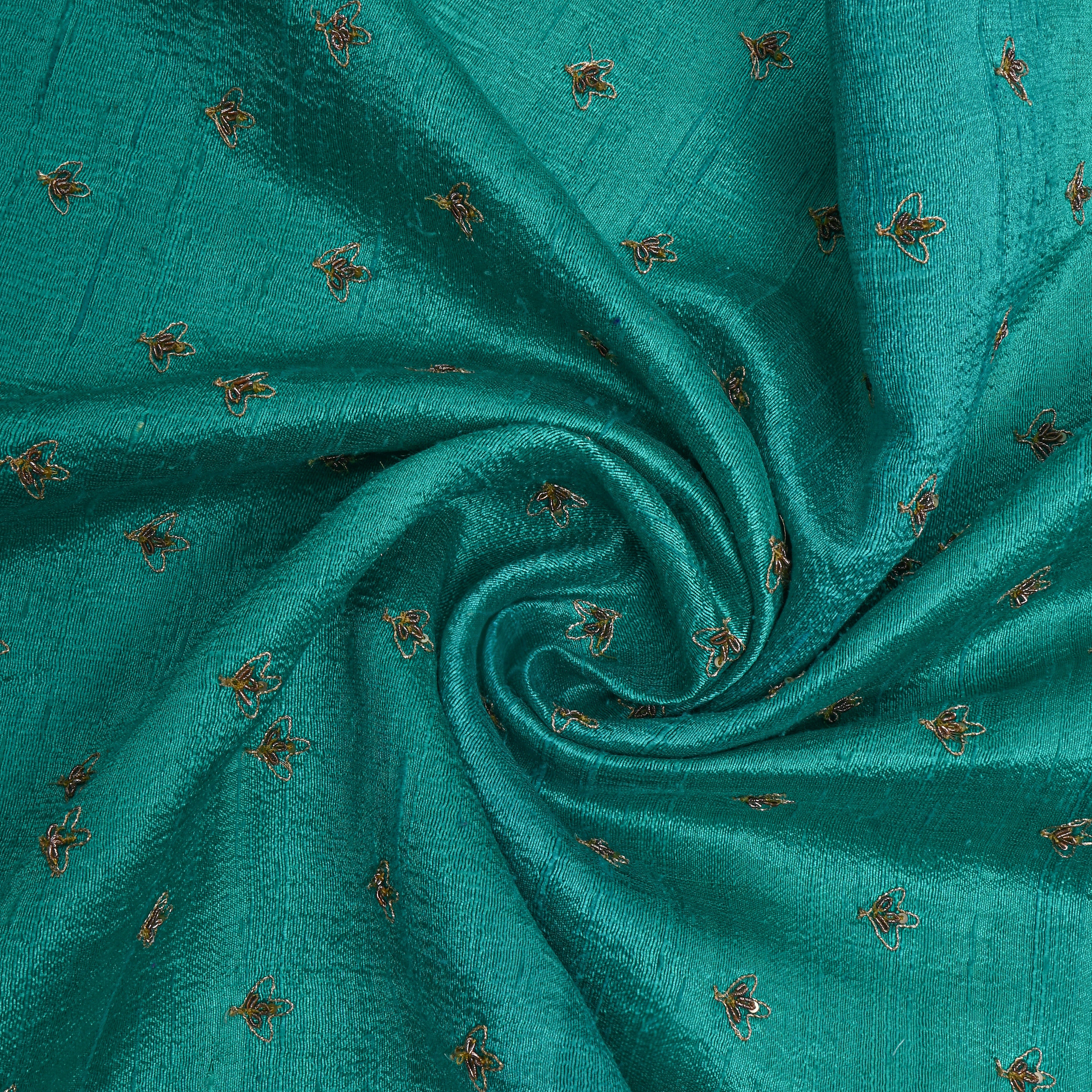 Green With Gold Zari Butti Embroidery Raw Silk