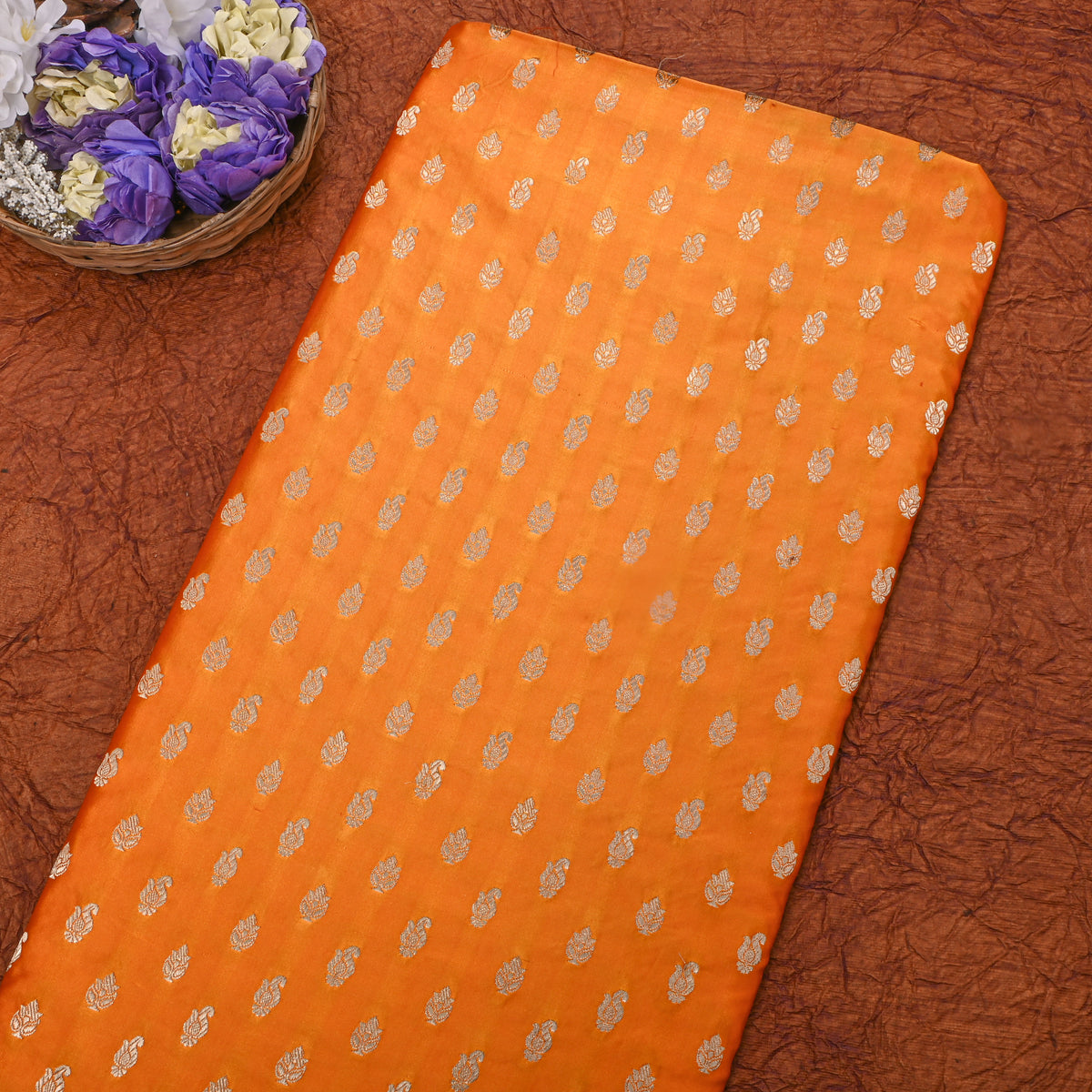Orange Gold Zari Butti Jamawar Silk Fabric