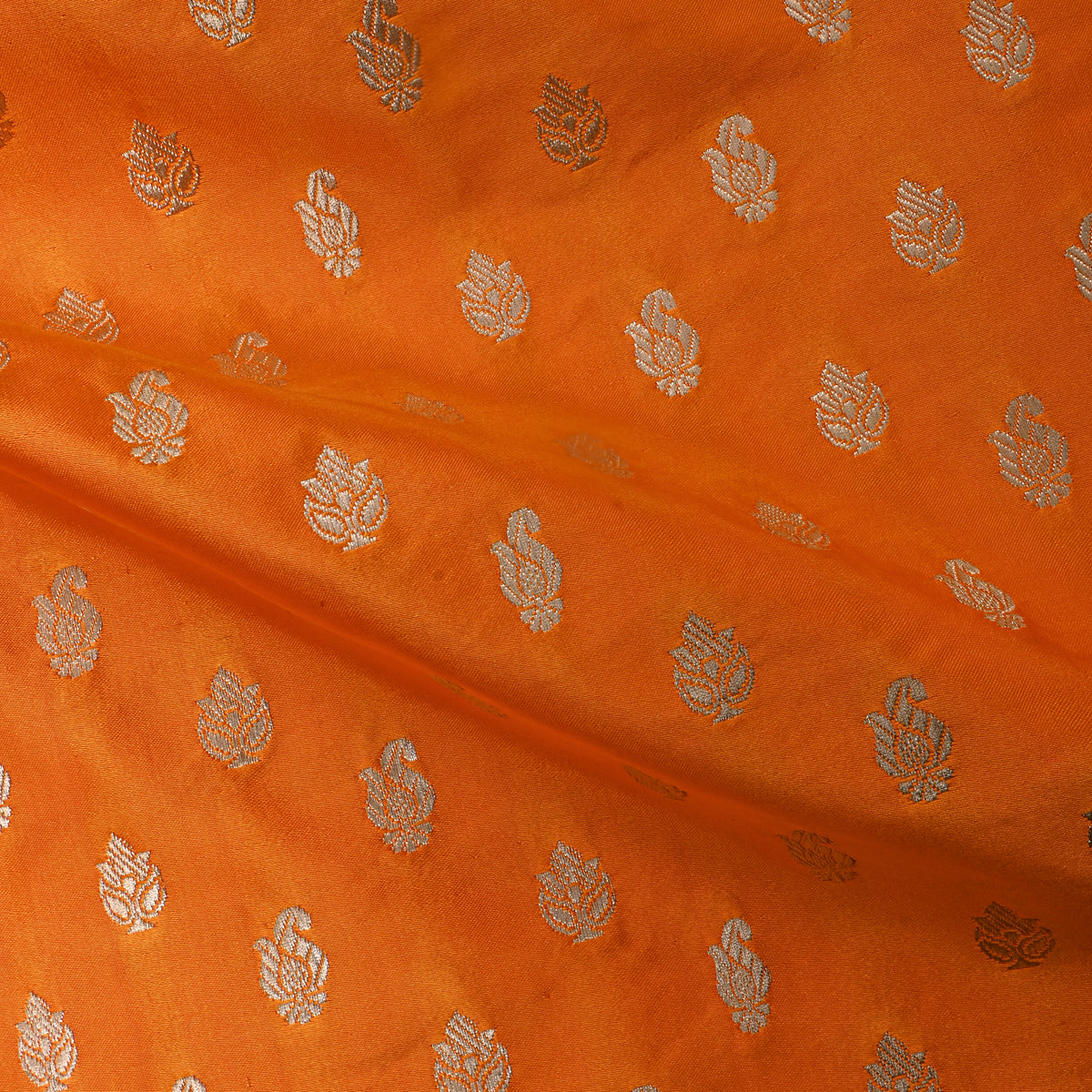 Orange Gold Zari Butti Jamawar Silk Fabric