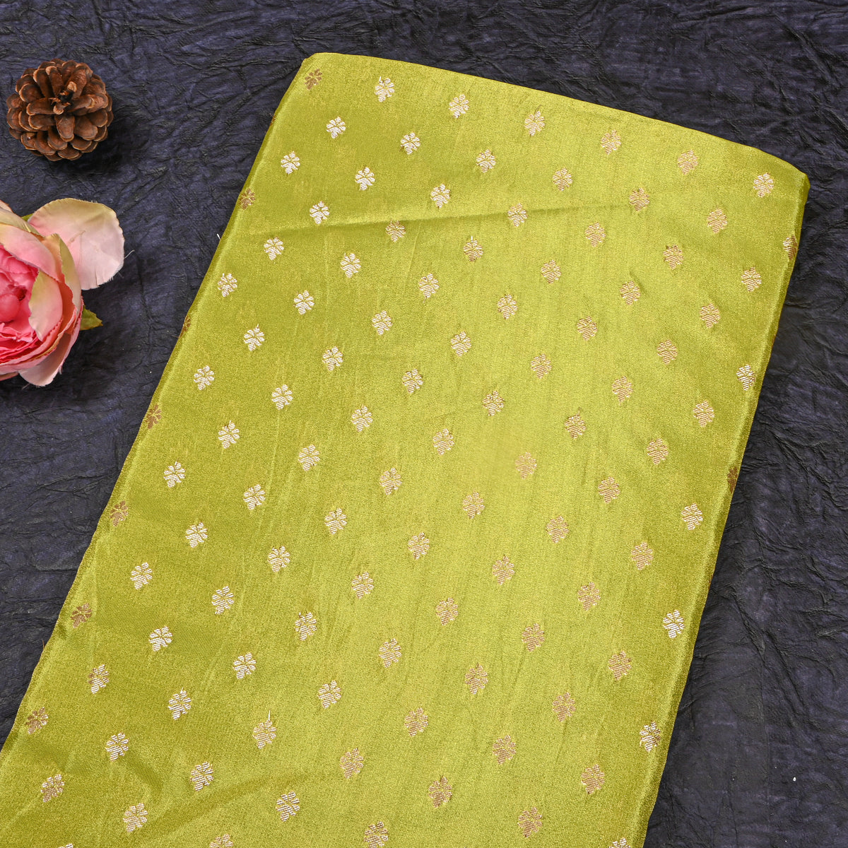 Parrot Green Gold Zari Butti Self Weave Jamawar Tissue Fabric