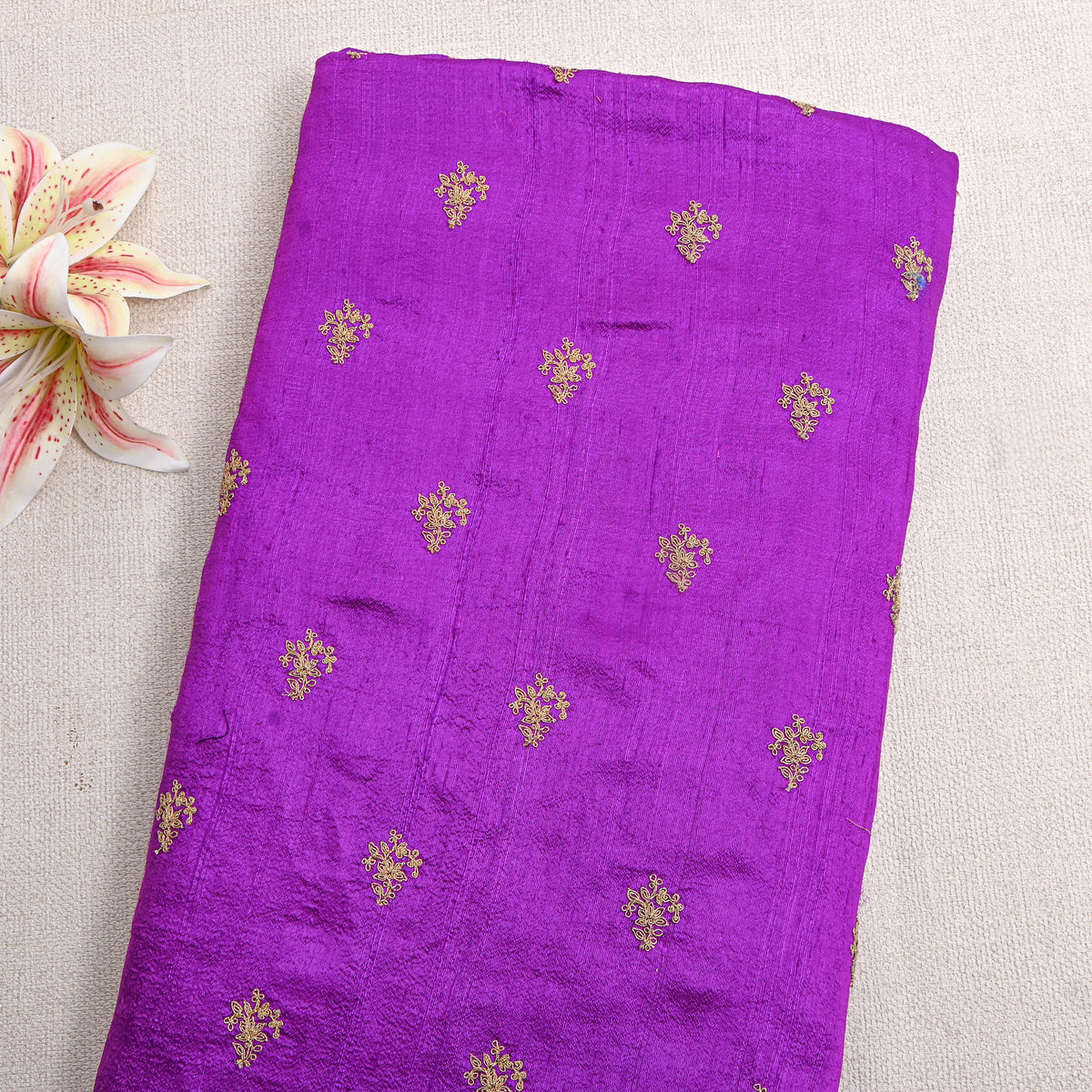 Purple Gold Butti Zari Embroidery Raw Silk Fabric