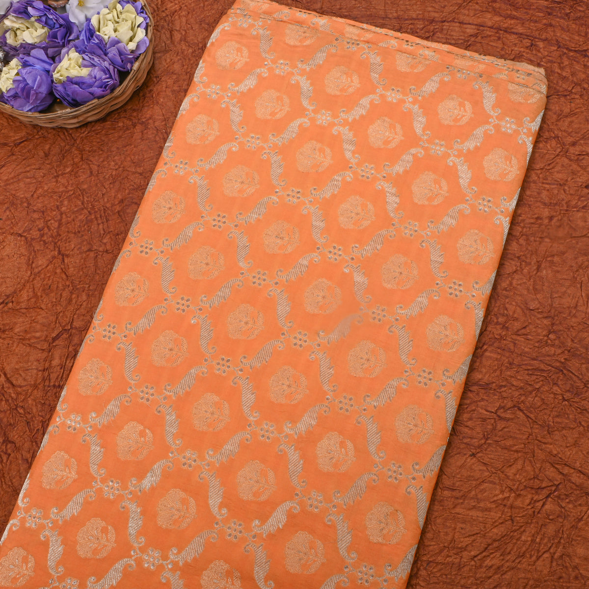 Orange Gold Zari Geometric Motif Jamawar Silk Fabric