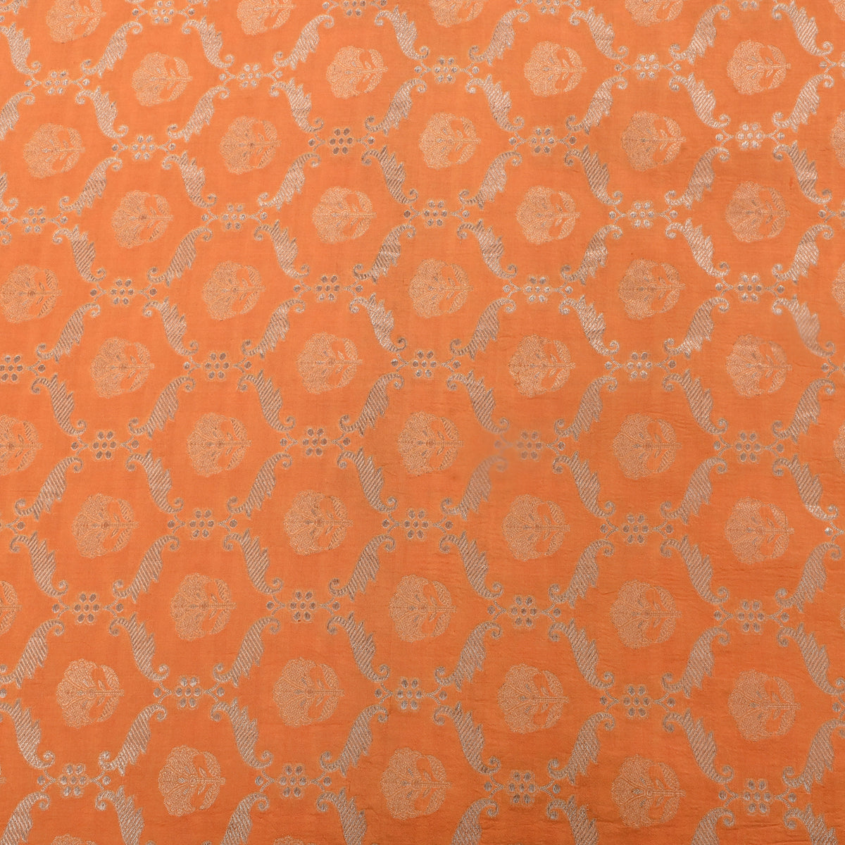 Orange Gold Zari Geometric Motif Jamawar Silk Fabric