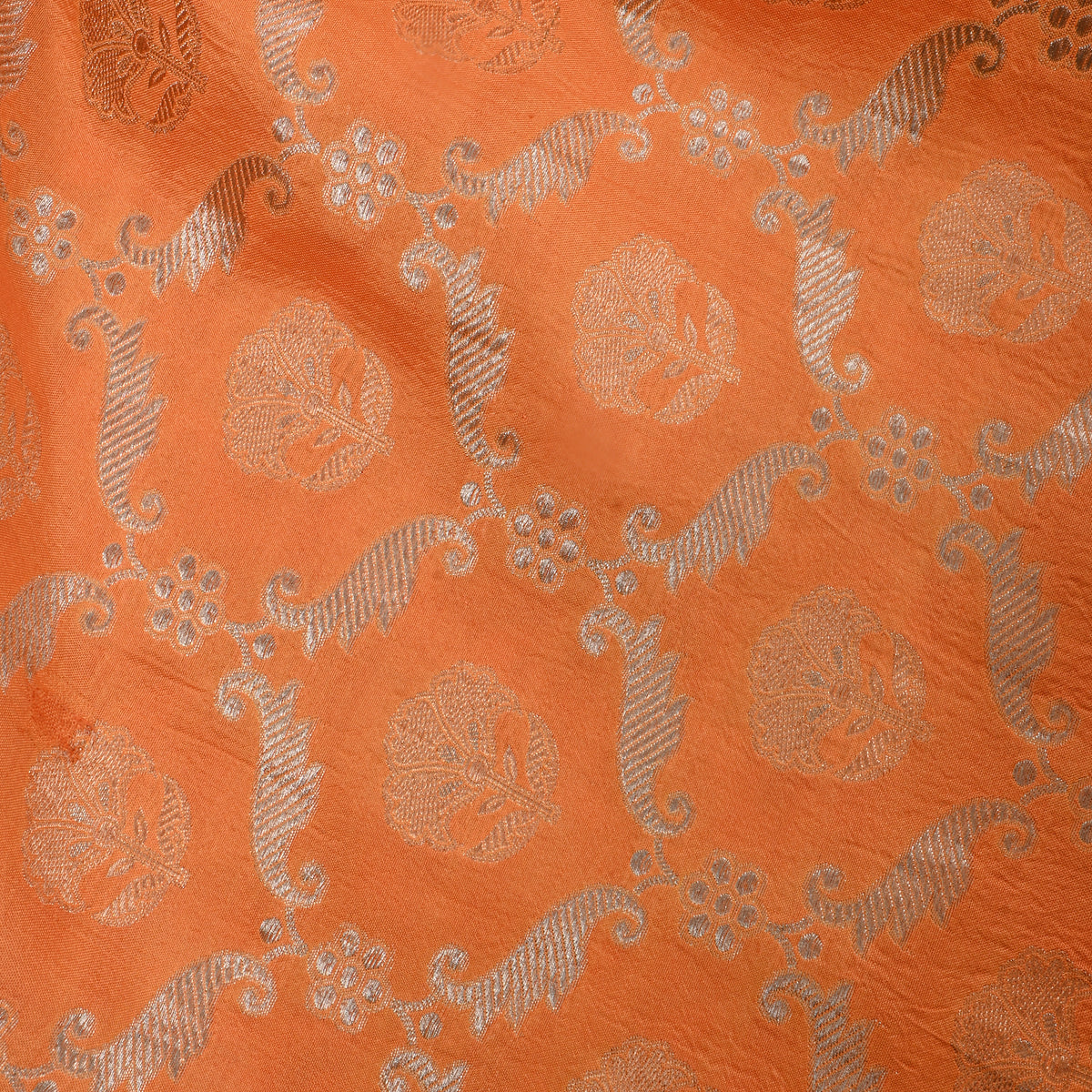 Orange Gold Zari Geometric Motif Jamawar Silk Fabric