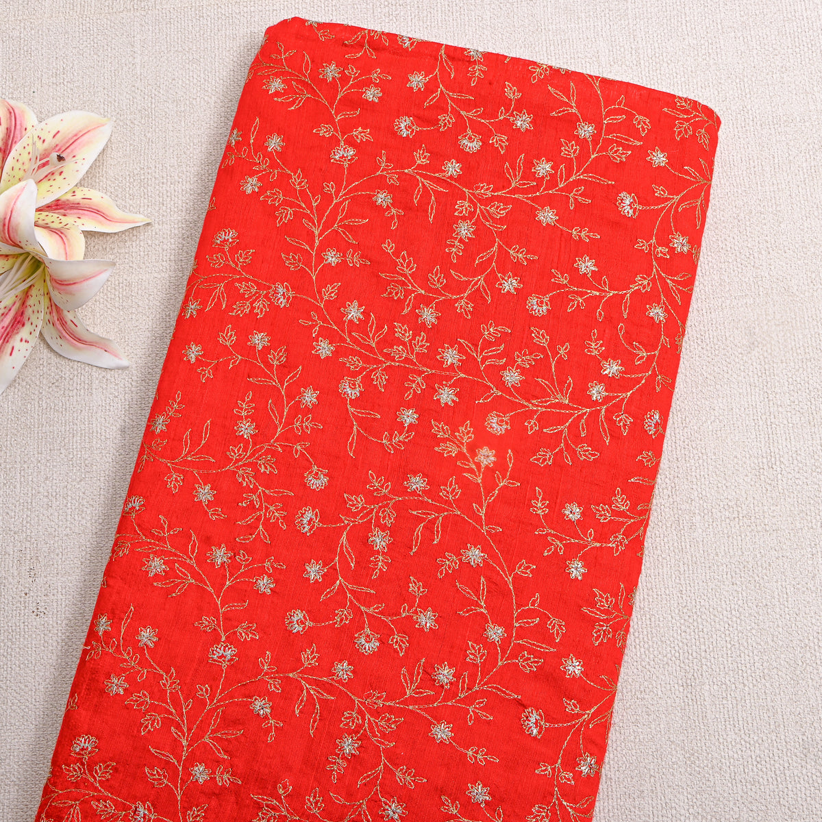 Orange With Dual Zari Floral Jaal Embroidery Raw Silk Fabric