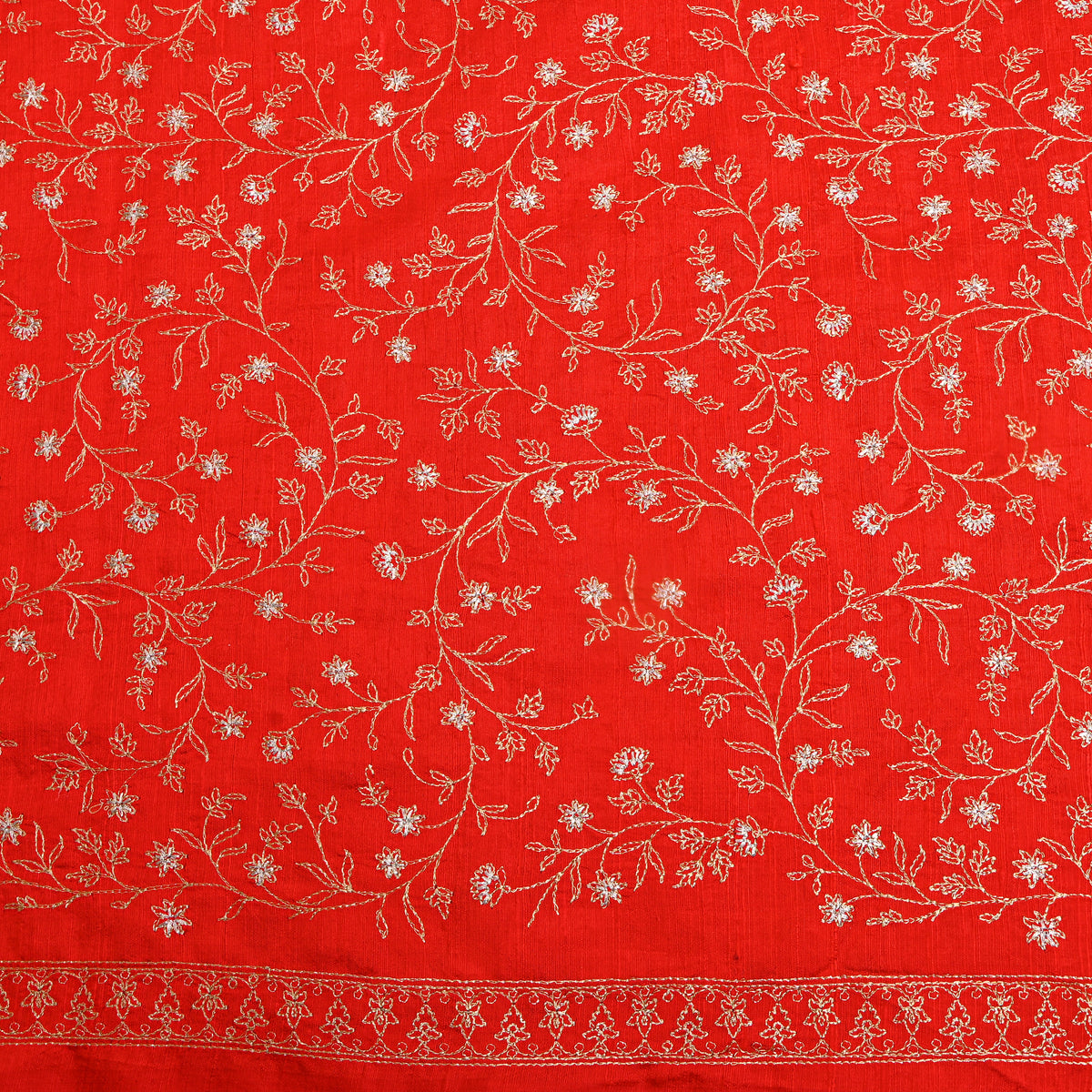 Orange With Dual Zari Floral Jaal Embroidery Raw Silk Fabric