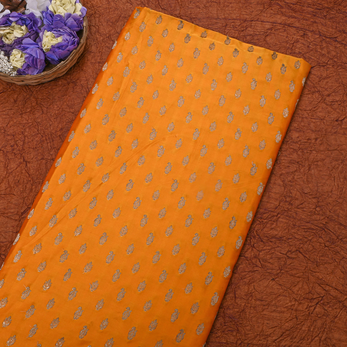 Sunny Orange Gold Zari Butti Jamawar Silk Fabric