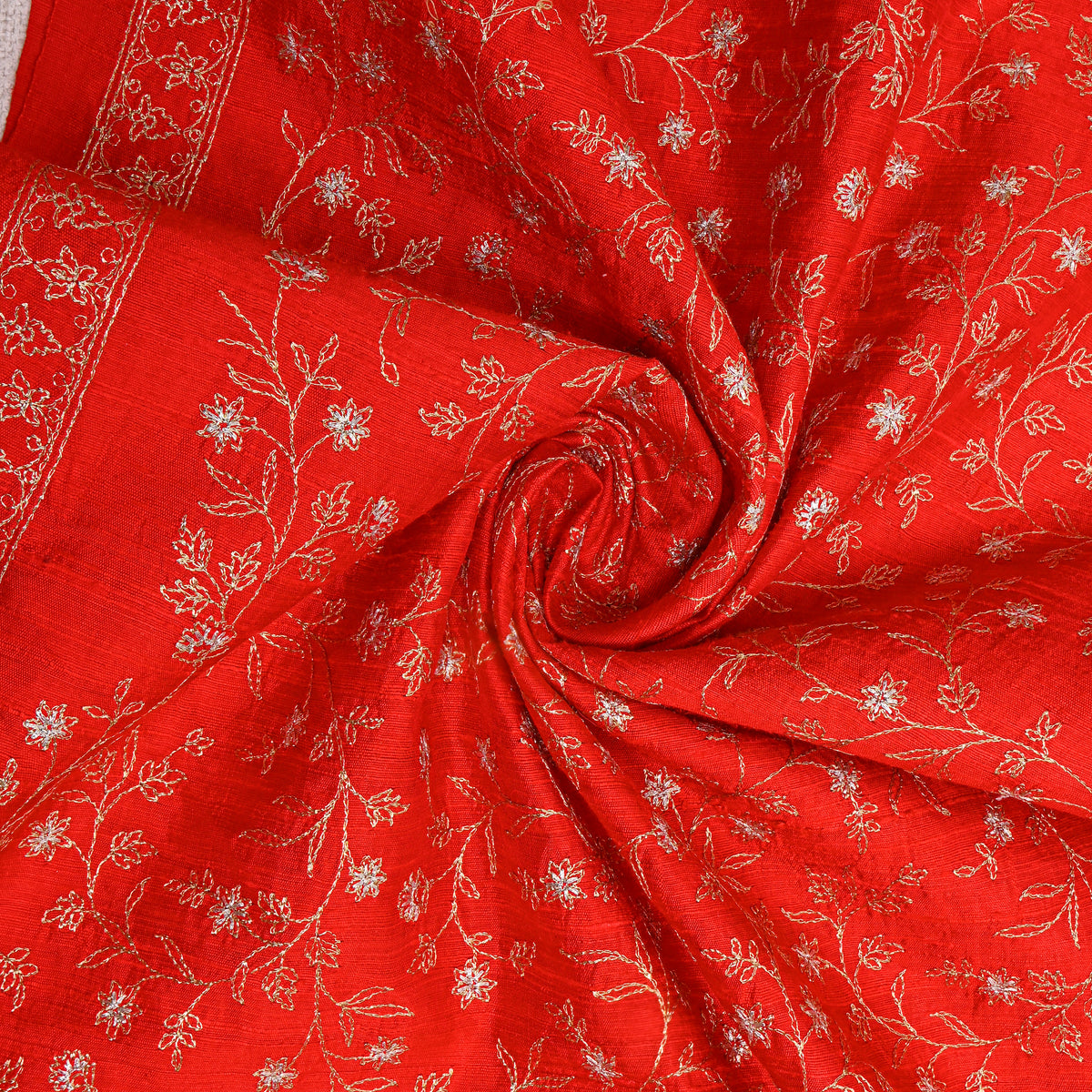Orange With Dual Zari Floral Jaal Embroidery Raw Silk Fabric