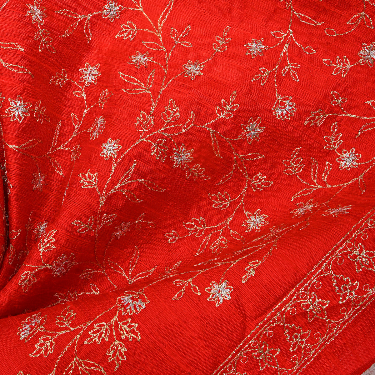 Orange With Dual Zari Floral Jaal Embroidery Raw Silk Fabric