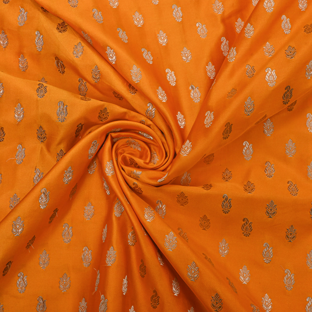 Sunny Orange Gold Zari Butti Jamawar Silk Fabric