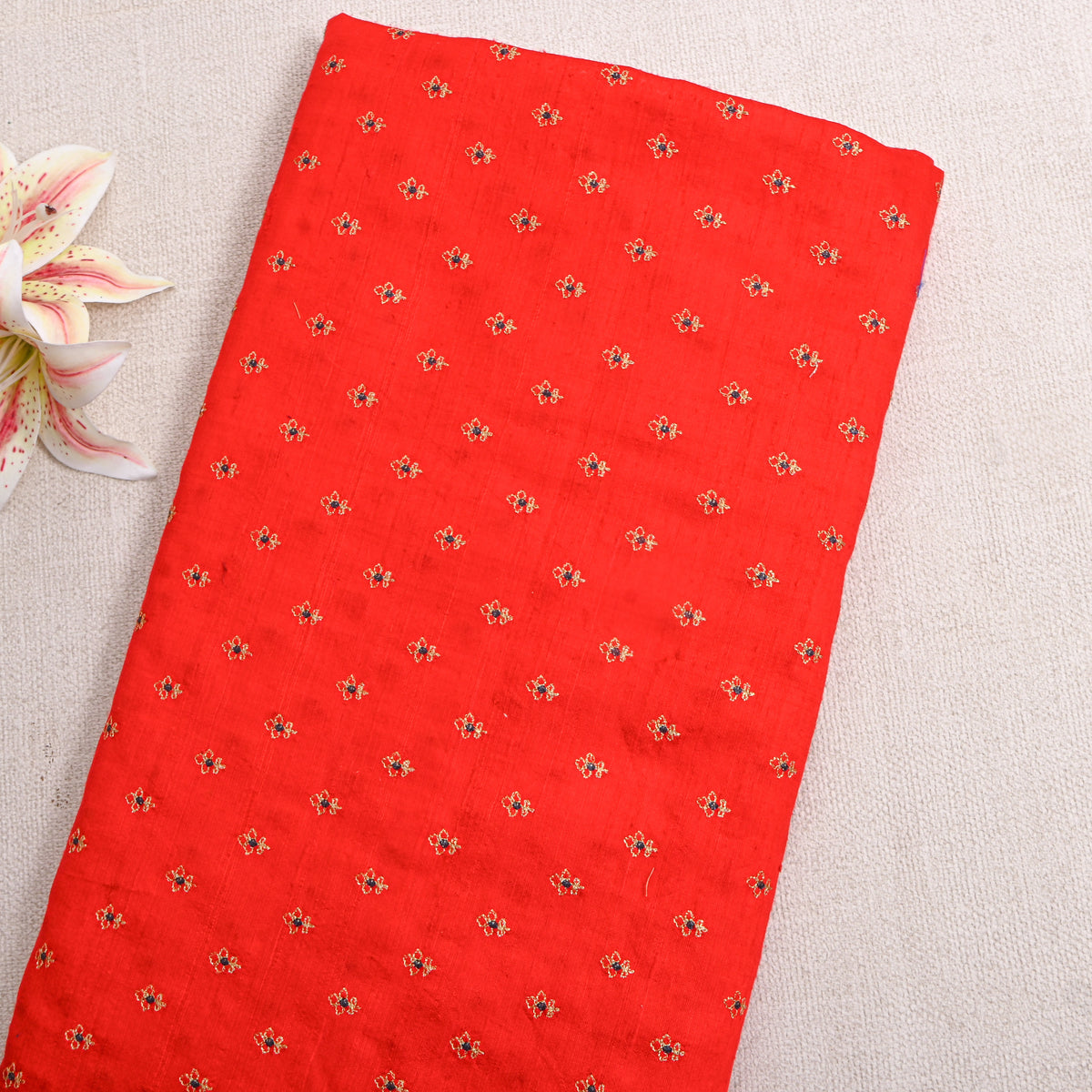 Rad With Gold Zari Buttis Embroidery Raw Silk Fabric