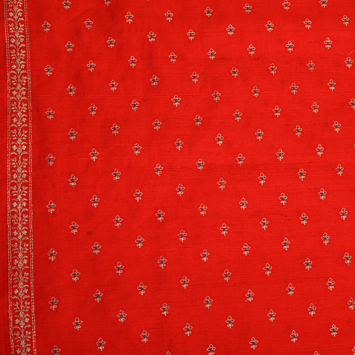 Rad With Gold Zari Buttis Embroidery Raw Silk Fabric
