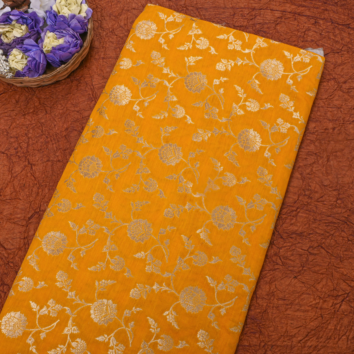 Mustard Gold Zari Floral Jaal Banarasi Silk Fabric
