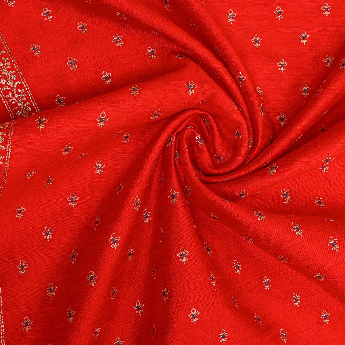 Rad With Gold Zari Buttis Embroidery Raw Silk Fabric