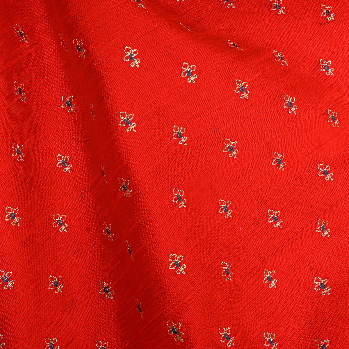 Rad With Gold Zari Buttis Embroidery Raw Silk Fabric
