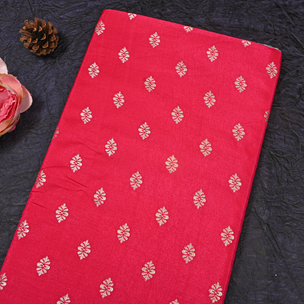 Raspberry Pink Silver Zari Butti Self Weave Jamawar Silk Fabric