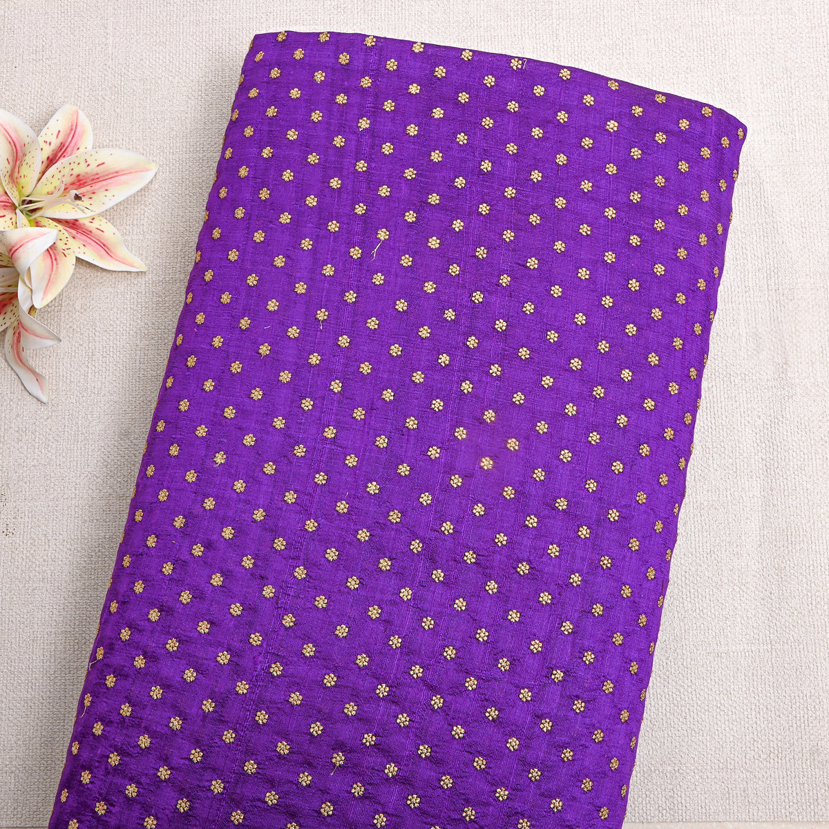 Violet Purple Gold Zari Butti Raw Silk Fabric