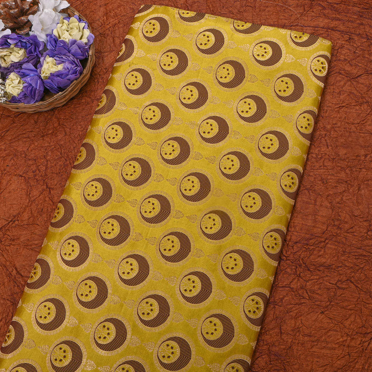 Mustard Yellow Medallion Self Weave Jamawar Silk Fabric