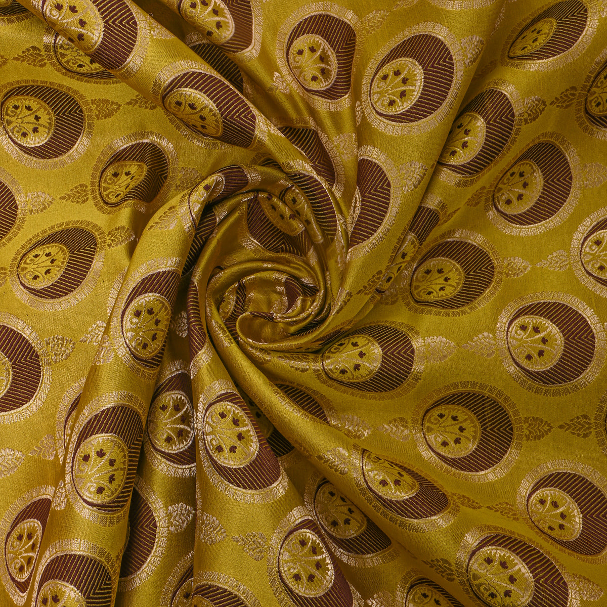 Mustard Yellow Medallion Self Weave Jamawar Silk Fabric