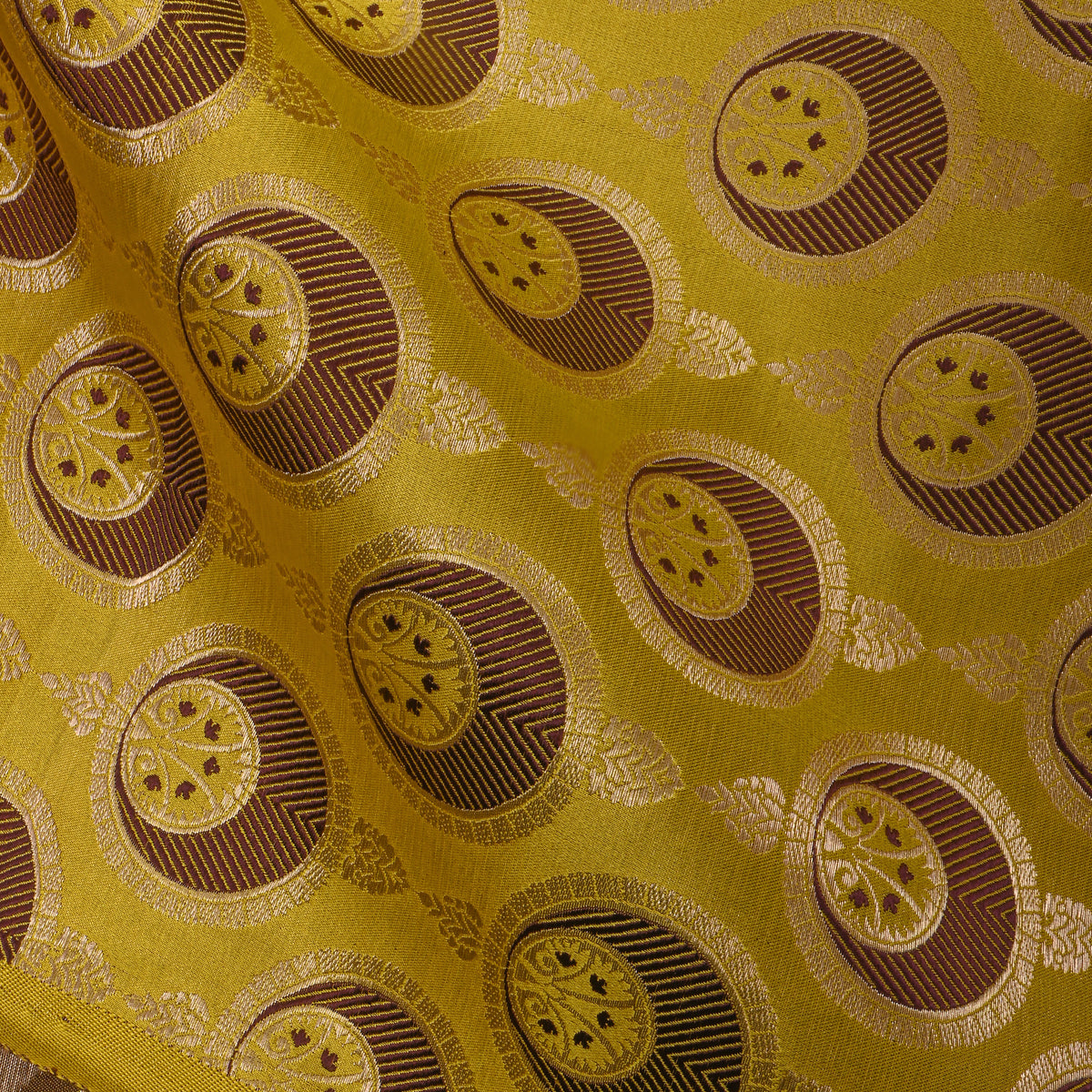 Mustard Yellow Medallion Self Weave Jamawar Silk Fabric