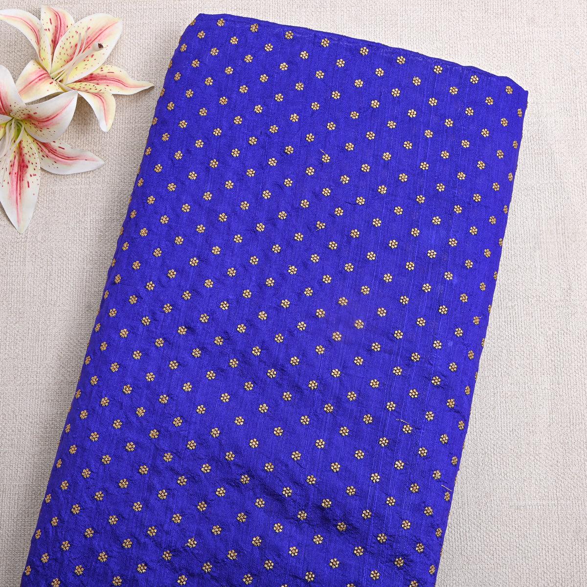 Denim Blue Gold Zari Butti Raw Silk Fabric