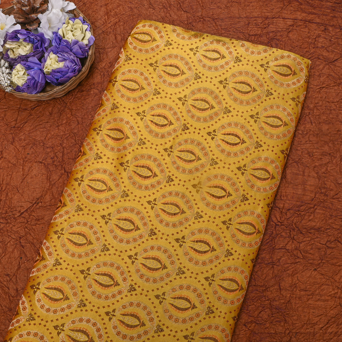 Golden Yellow Butti Oval Self Weave Jamawar Silk Fabric