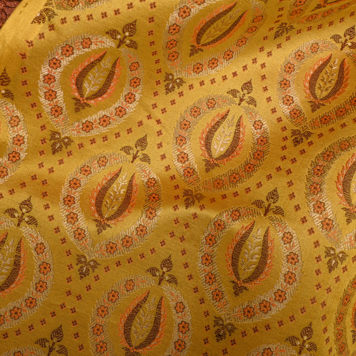Golden Yellow Butti Oval Self Weave Jamawar Silk Fabric