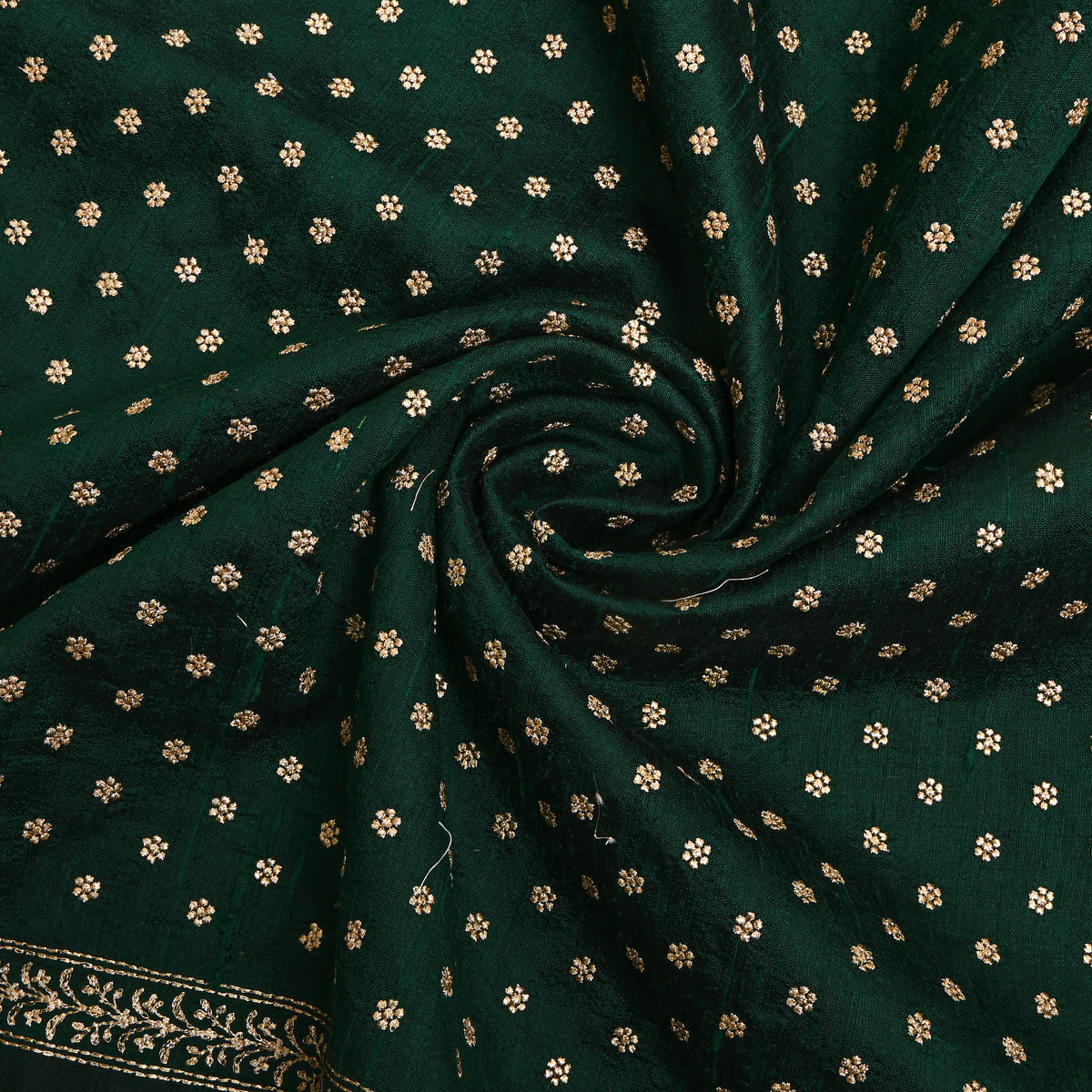 Forest Green Gold Zari Butti Raw Silk Fabric