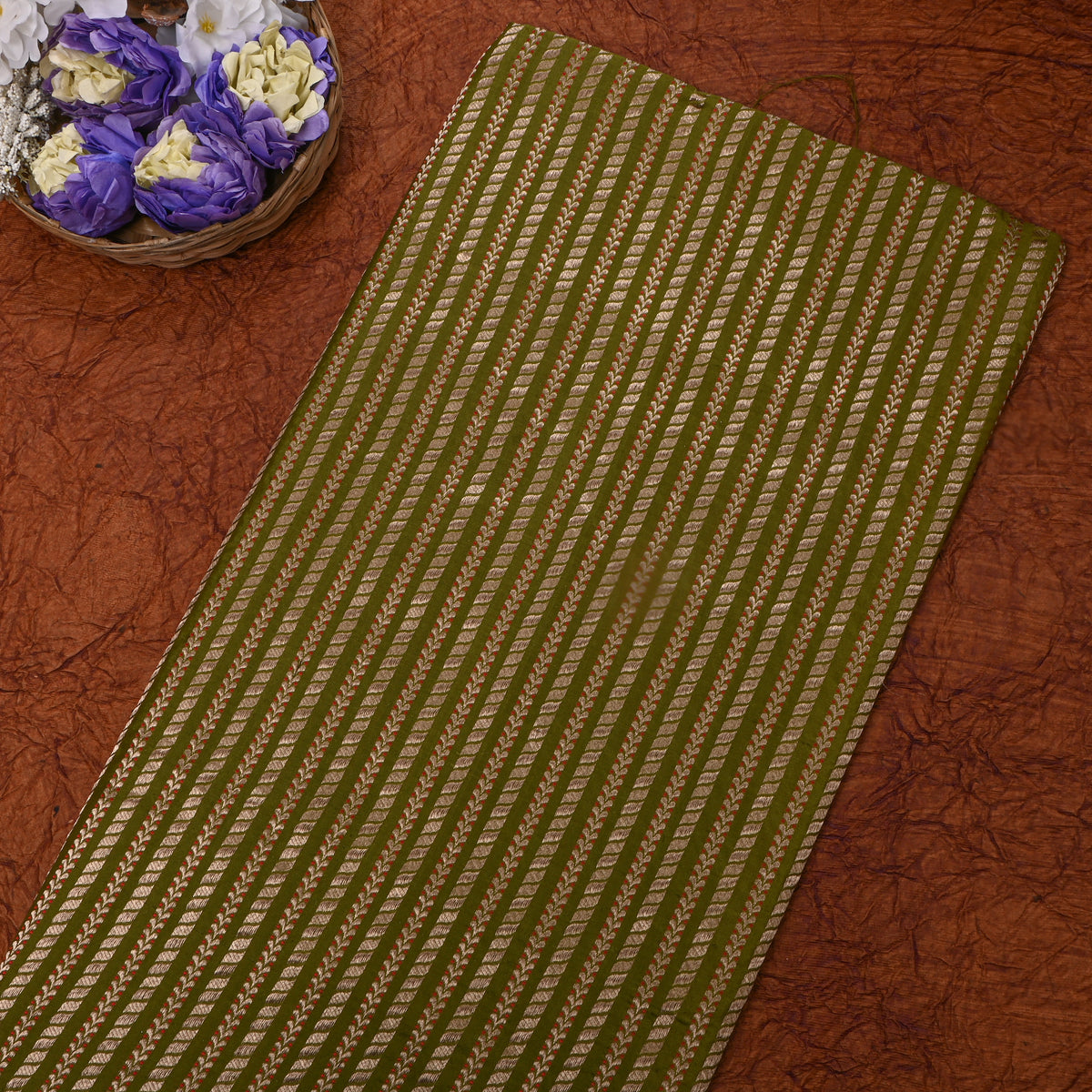 Olive Green Gold Striped Leaf Weave Banarasi Silk Fabric