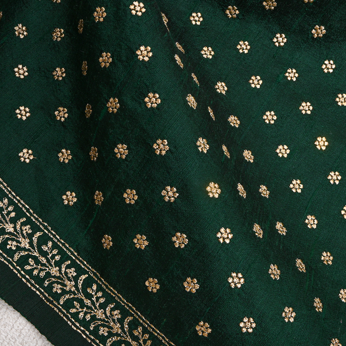 Forest Green Gold Zari Butti Raw Silk Fabric
