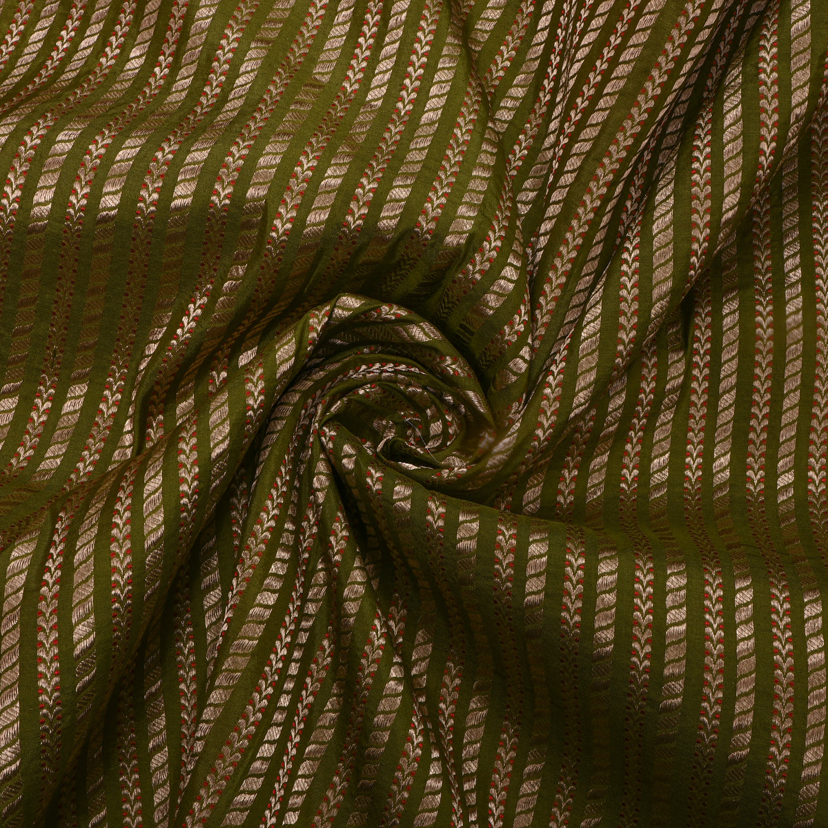 Olive Green Gold Striped Leaf Weave Banarasi Silk Fabric