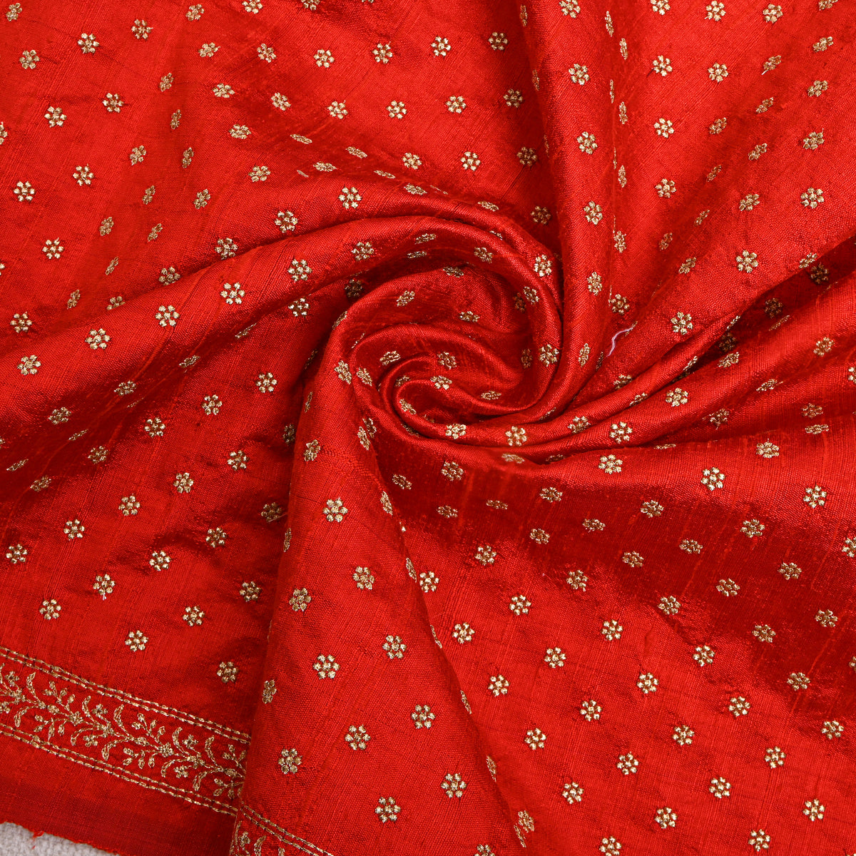 Cherry Red Gold Zari Butti Raw Silk Fabric