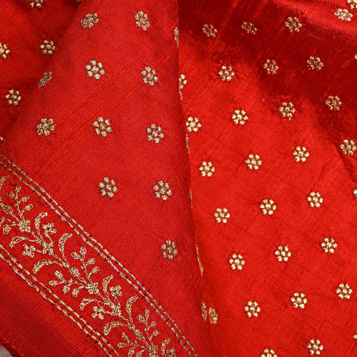 Cherry Red Gold Zari Butti Raw Silk Fabric