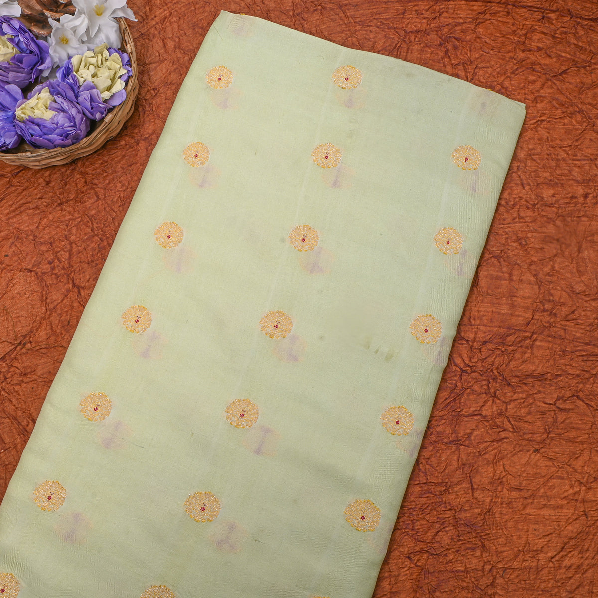 Lime Gree With Gold Zari Butti  Banarasi Silk Fabric