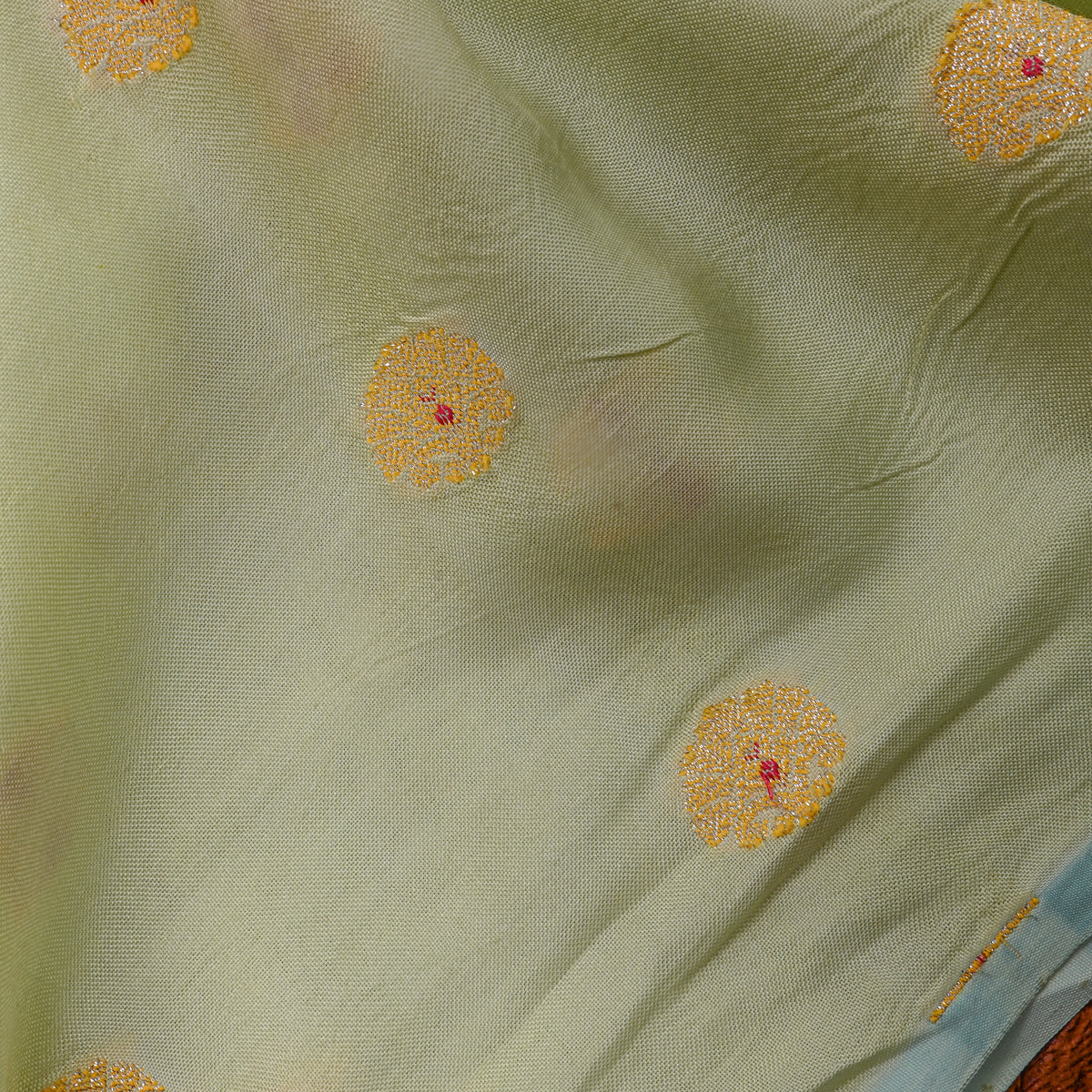 Lime Gree With Gold Zari Butti  Banarasi Silk Fabric