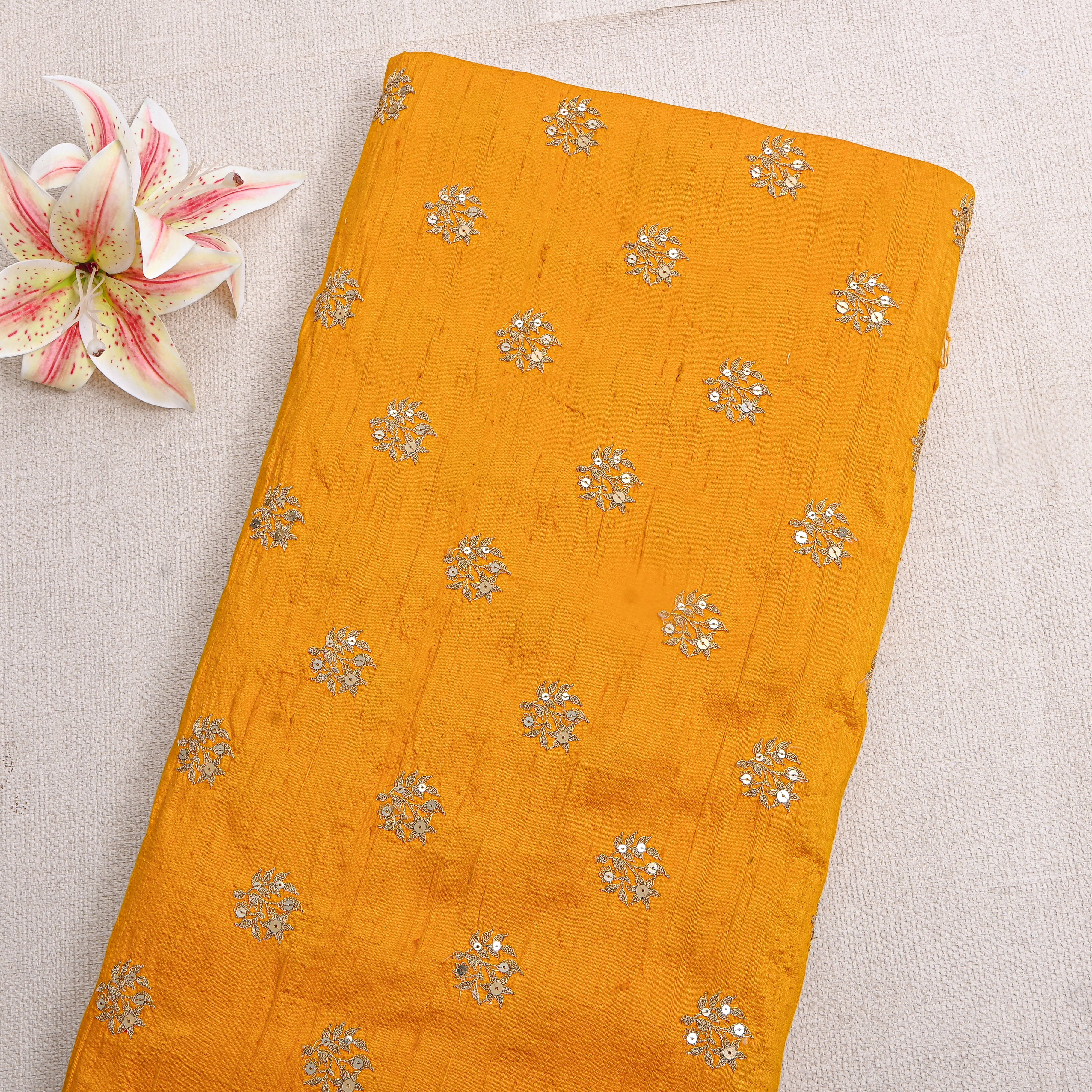 Sunny Yellow Zari Butti Embroidery Raw Silk