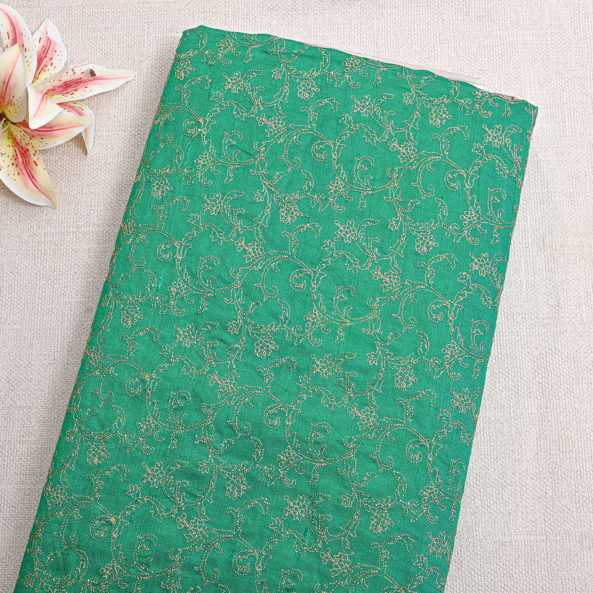 Jade Green Jaal Embroidery Raw Silk Fabric