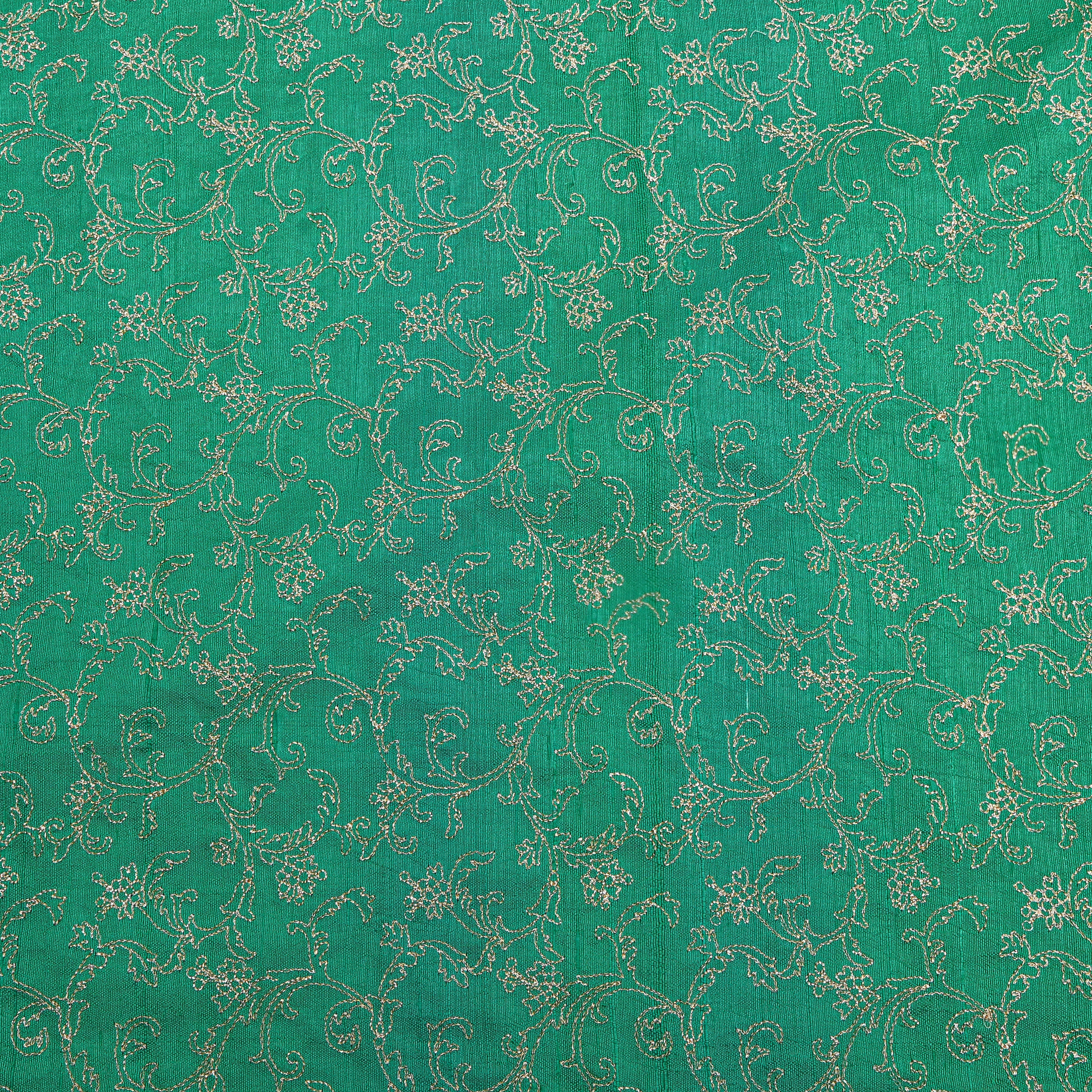 Jade Green Jaal Embroidery Raw Silk Fabric