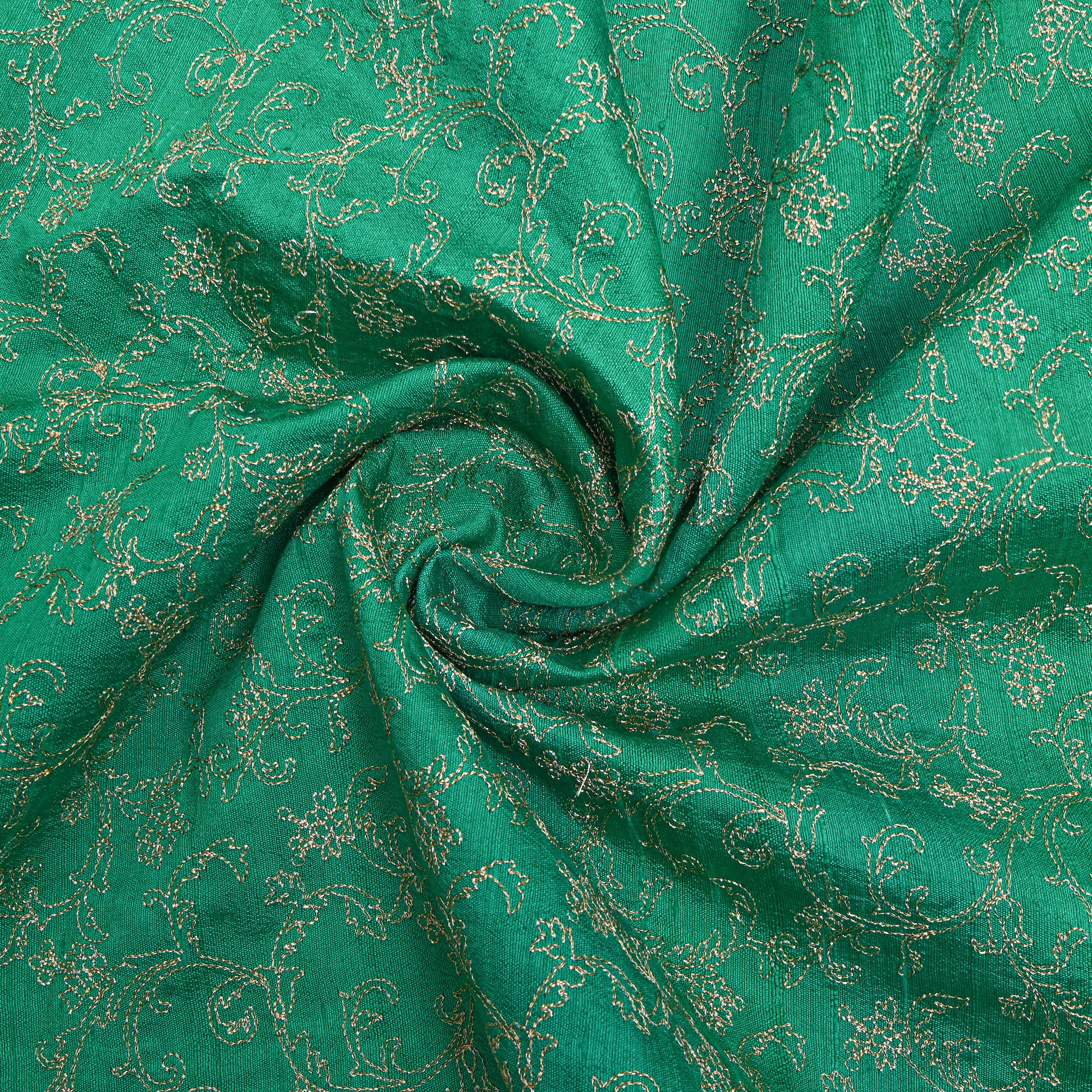 Jade Green Jaal Embroidery Raw Silk Fabric