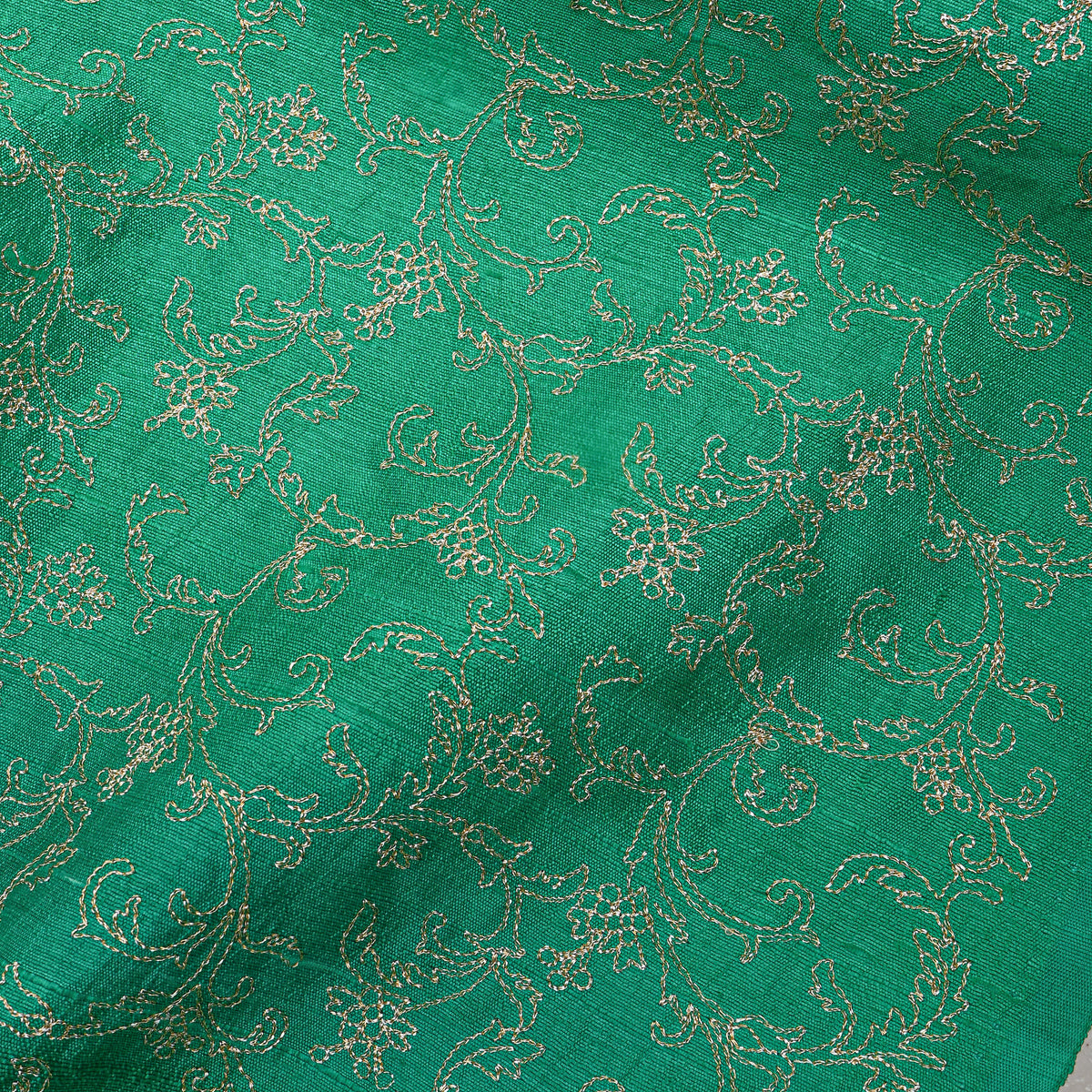 Jade Green Jaal Embroidery Raw Silk Fabric