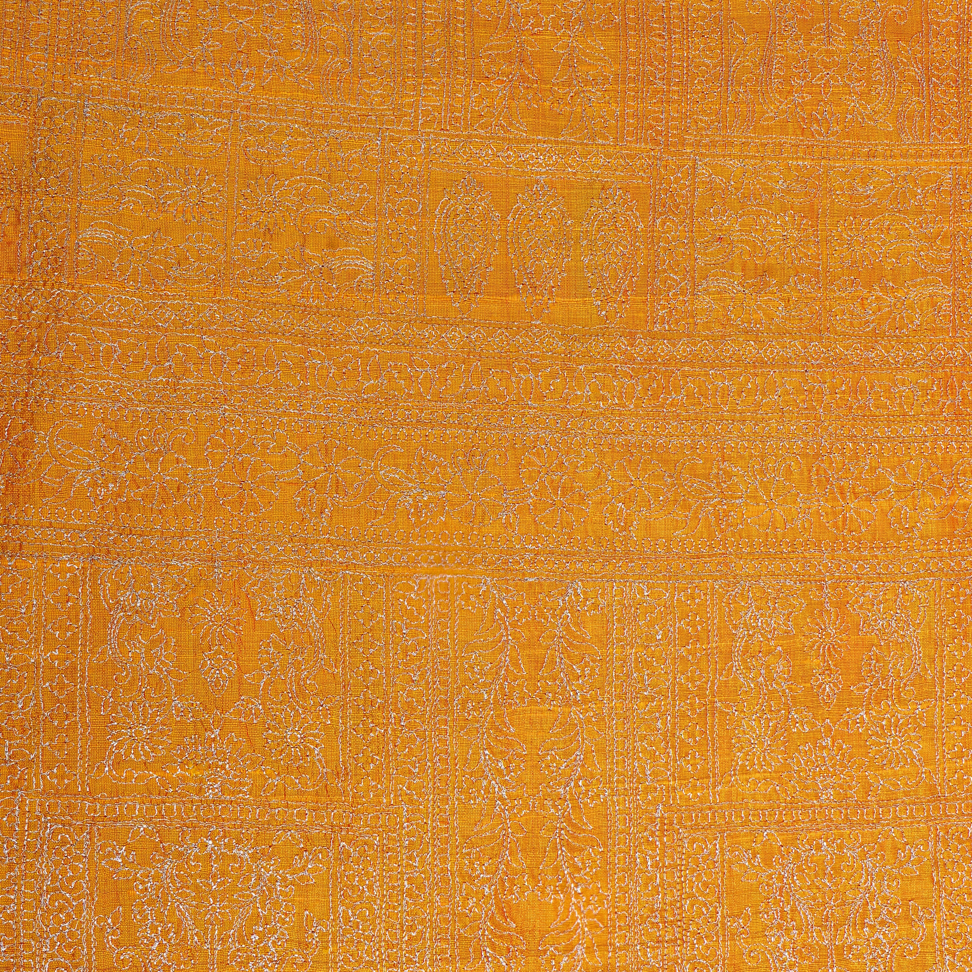 Bright Yellow Raw Silk With Geometric Thread Work Embroidery