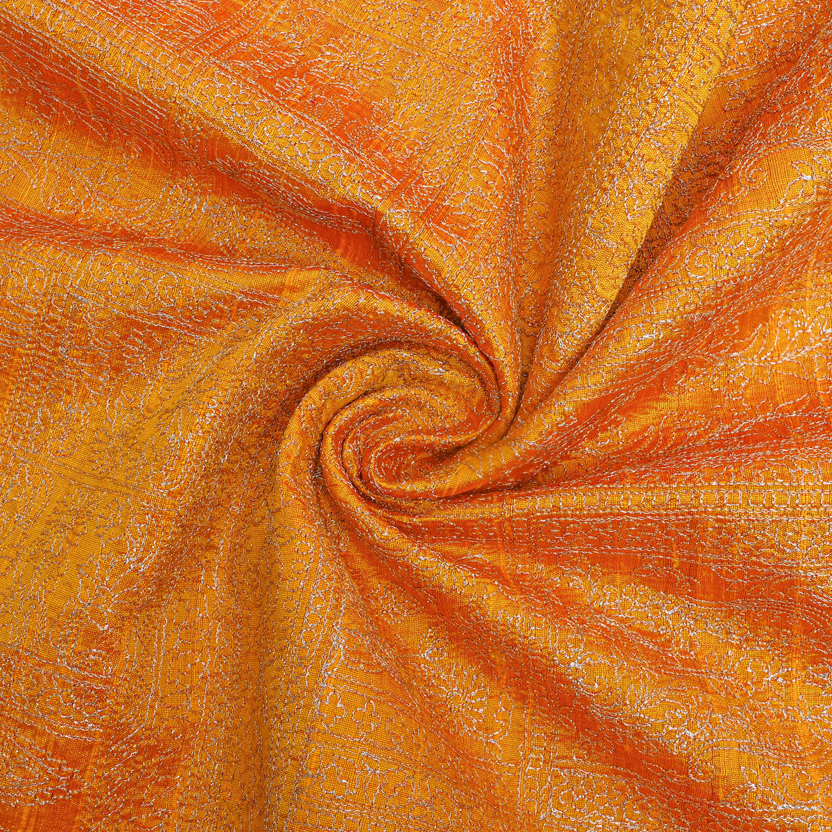 Bright Yellow Raw Silk With Geometric Thread Work Embroidery