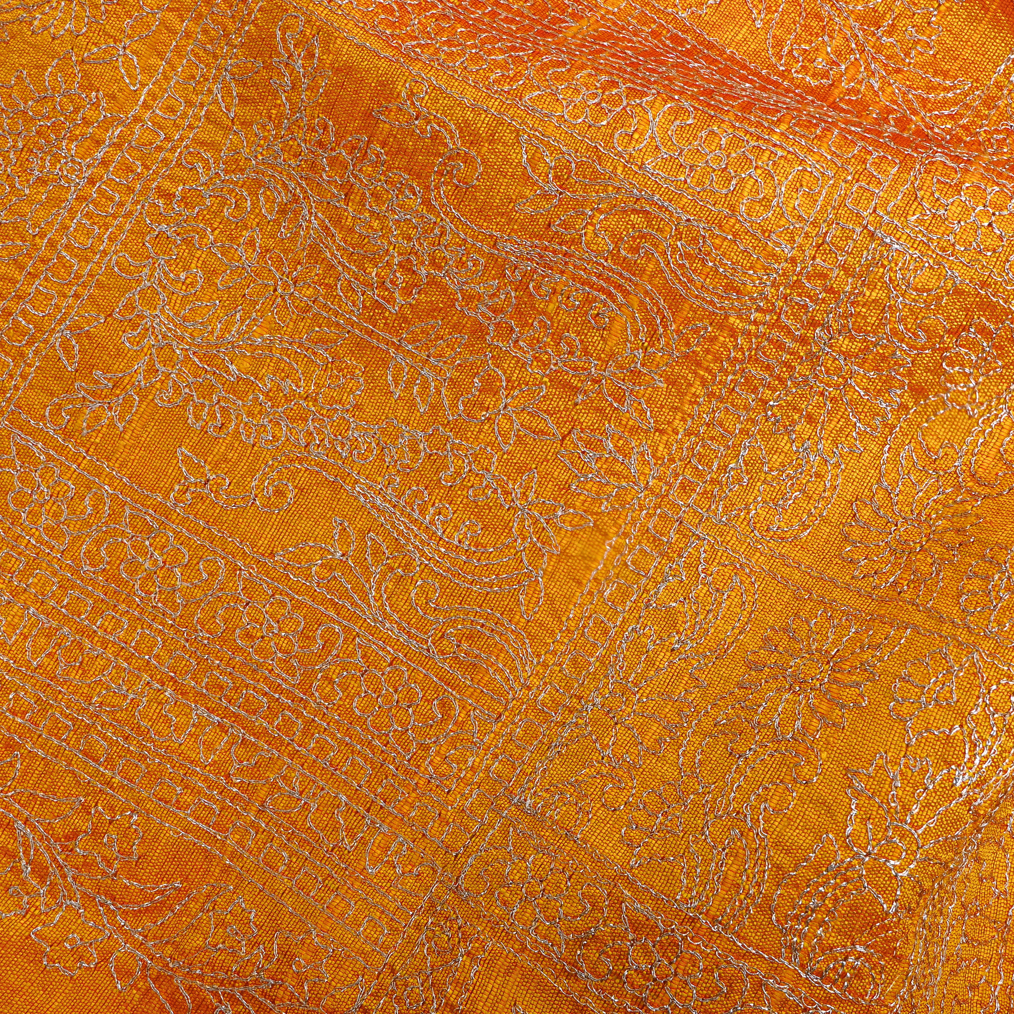 Bright Yellow Raw Silk With Geometric Thread Work Embroidery