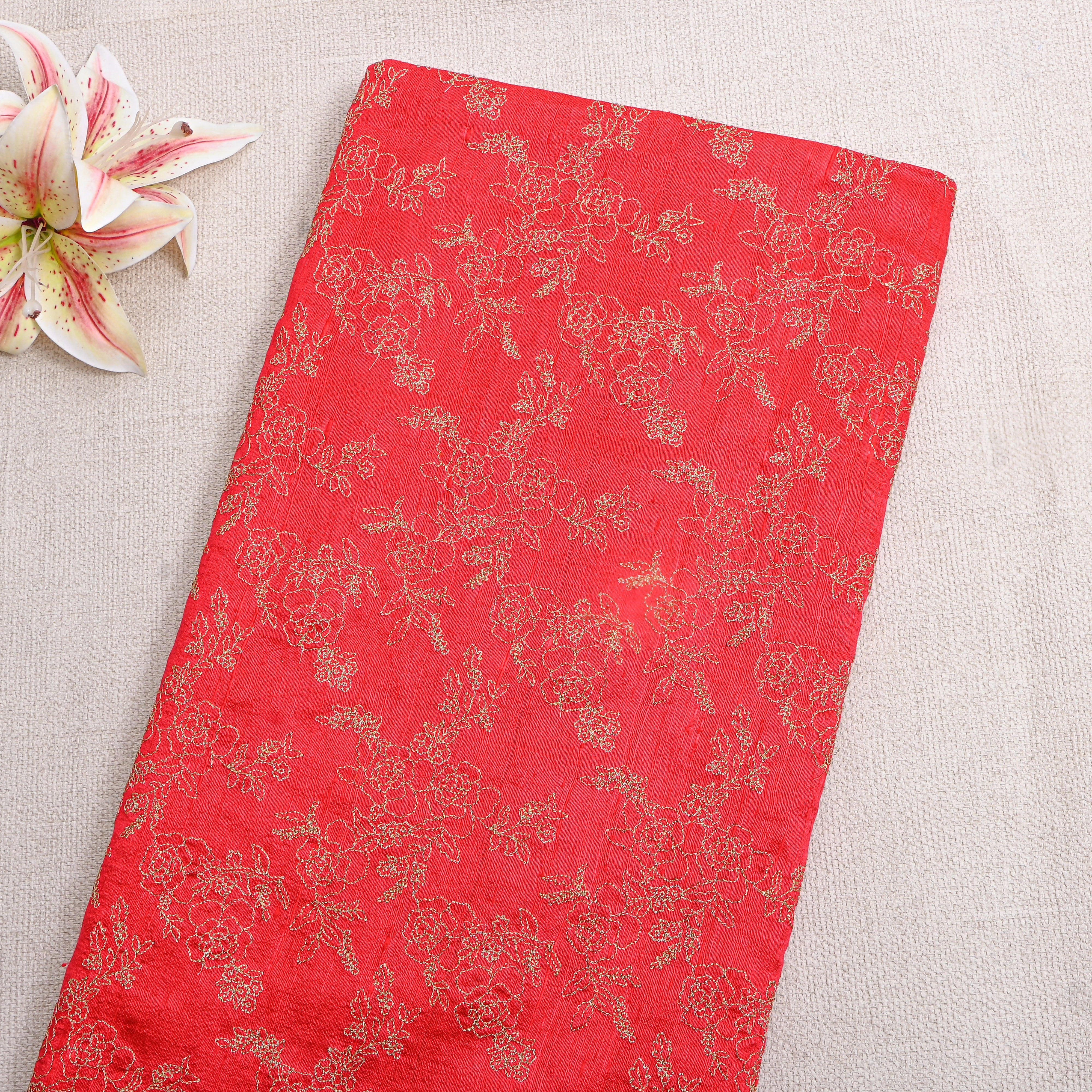 Orange With Zari Floral Embroidery Raw Silk