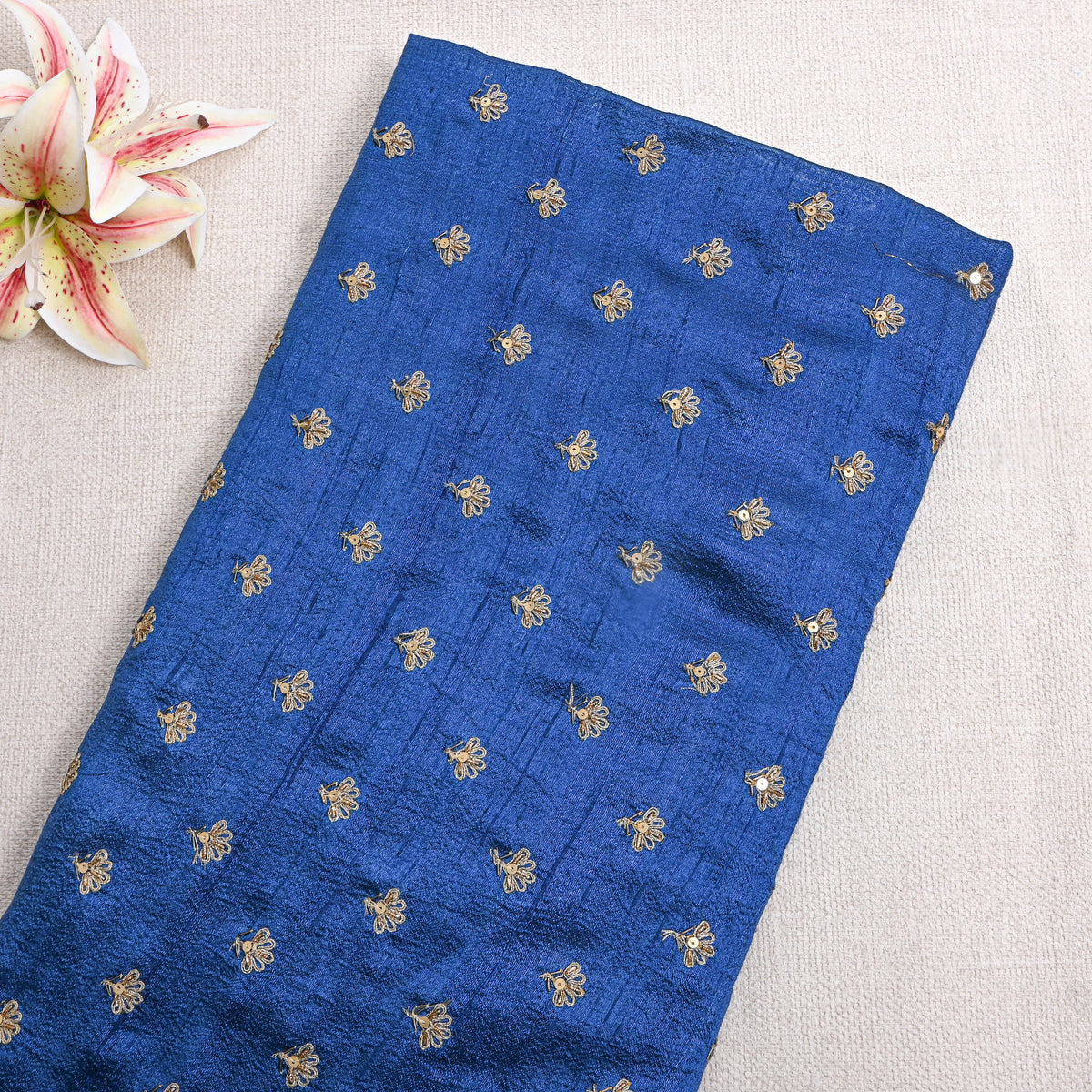 Royal Blue Floral Butti Embroidery Raw Silk Fabric