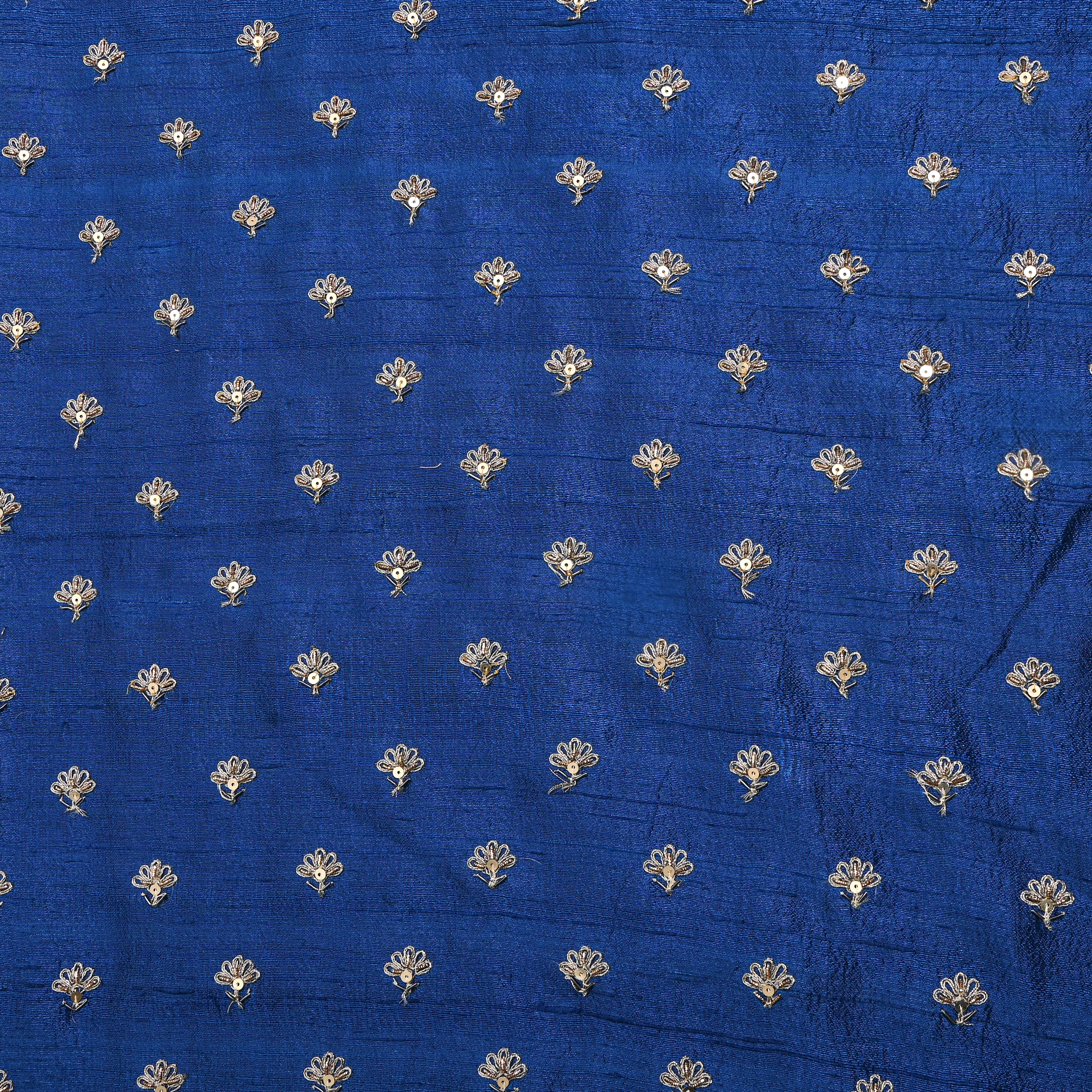 Royal Blue Floral Butti Embroidery Raw Silk Fabric