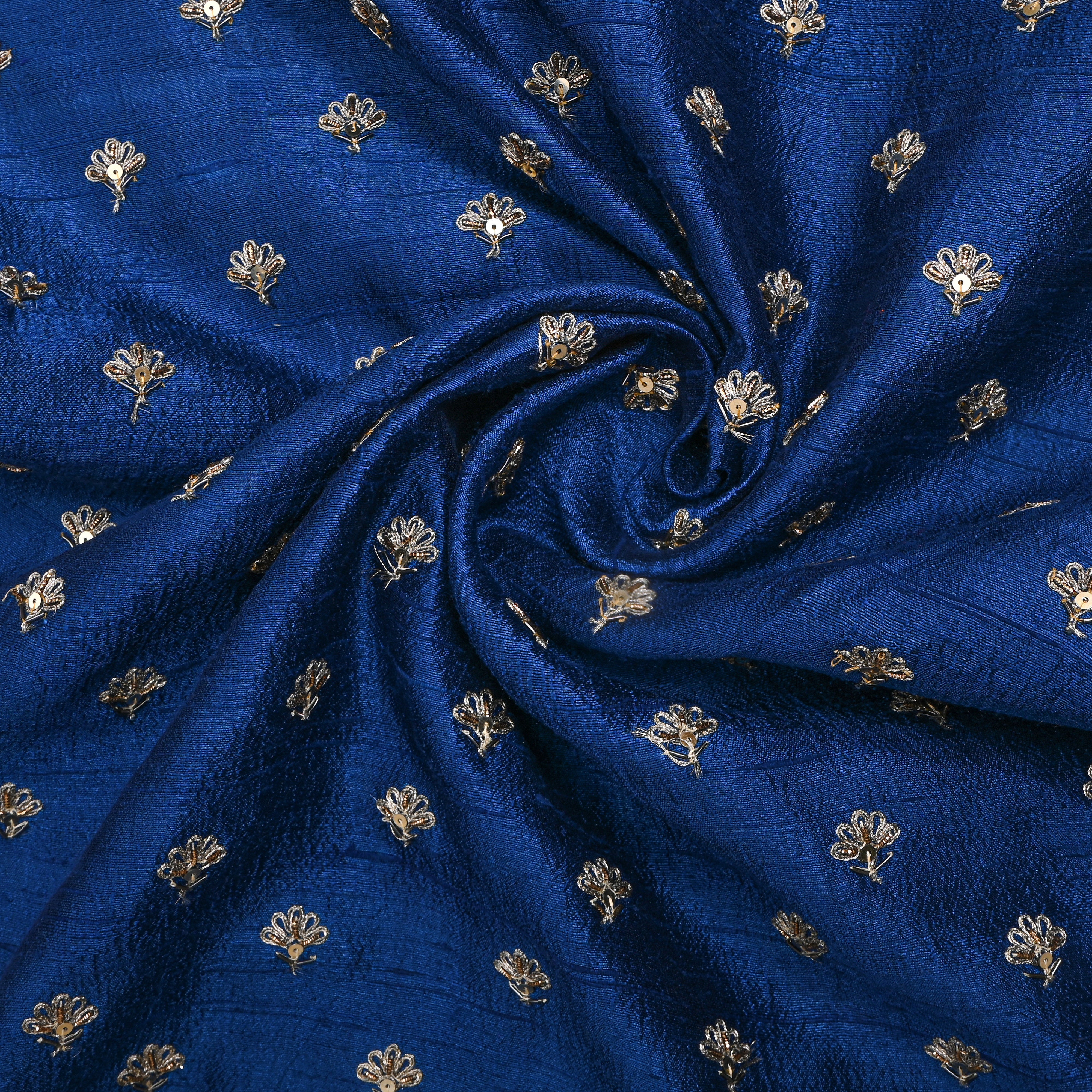 Royal Blue Floral Butti Embroidery Raw Silk Fabric
