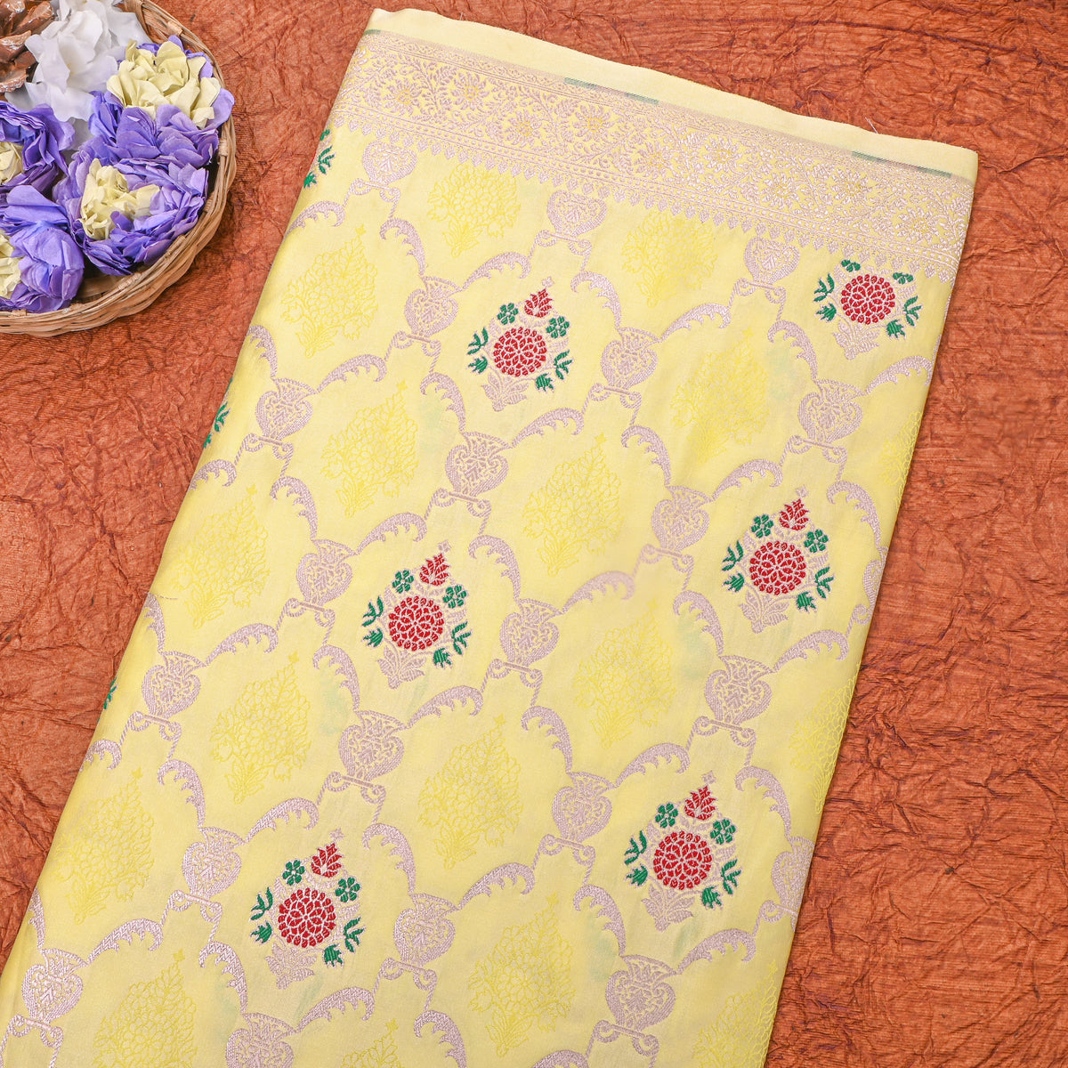 Yellow Self Checks Butti Banarasi Silk Fabric