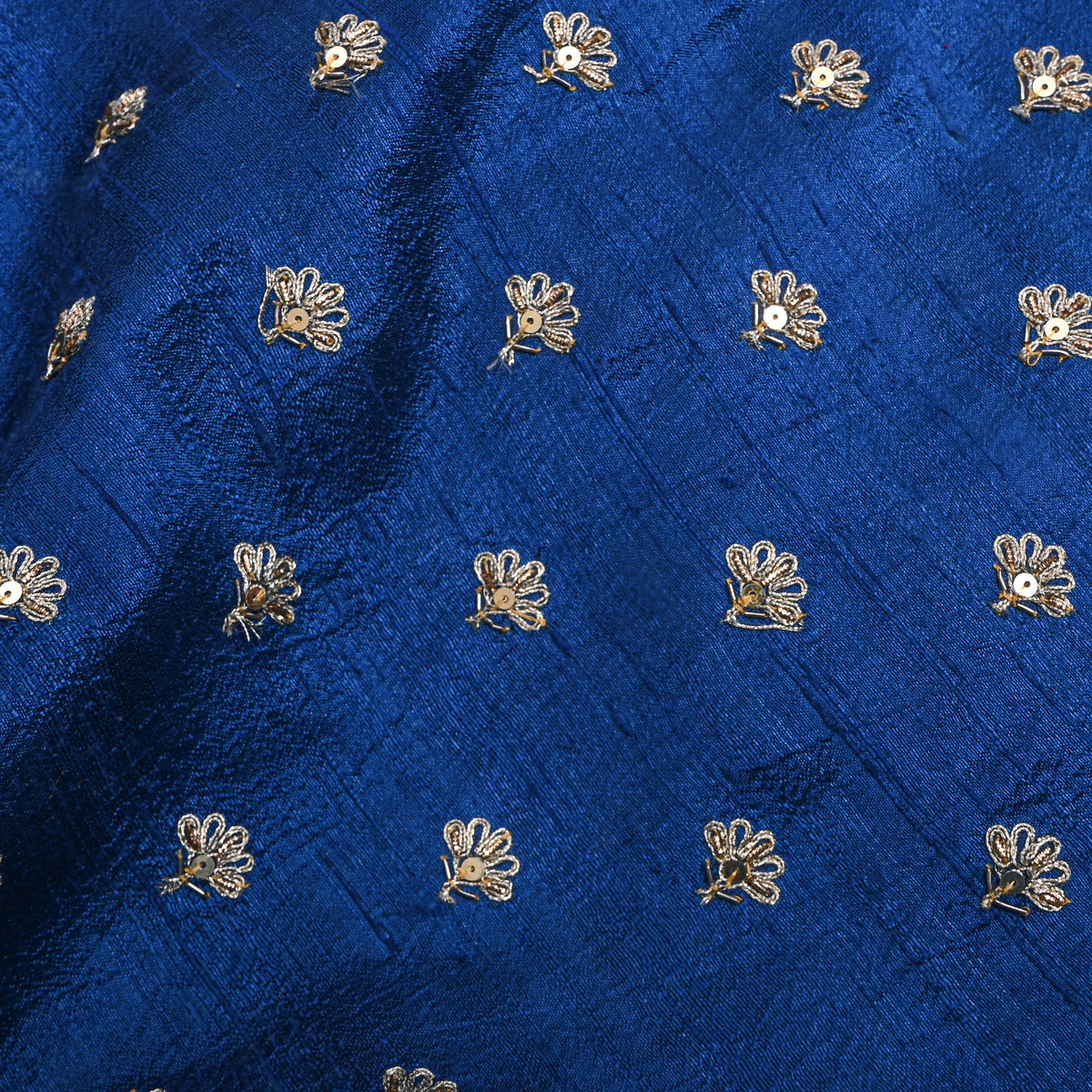 Royal Blue Floral Butti Embroidery Raw Silk Fabric